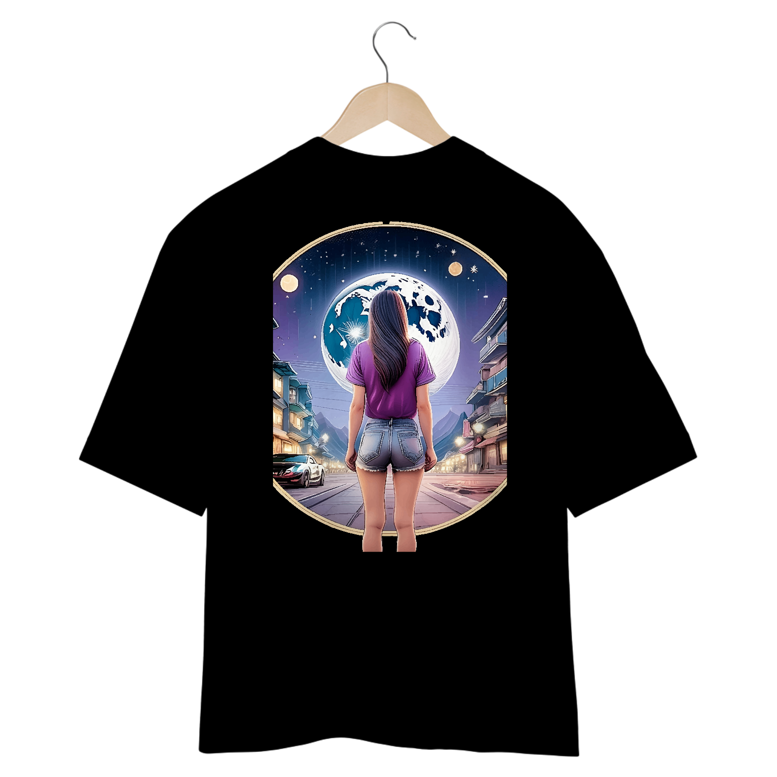 Oversized Neon Graphic Tee of Girl and Moon