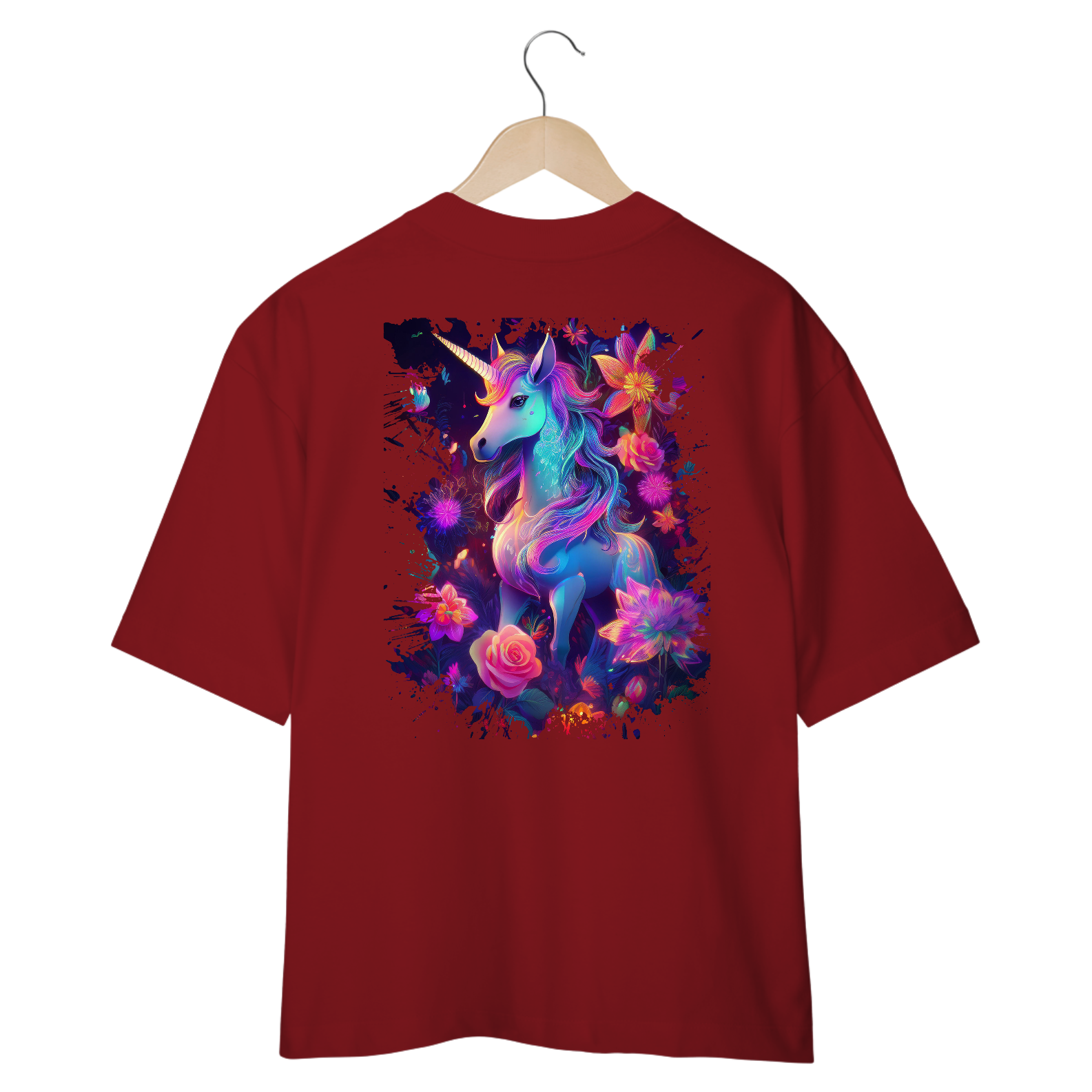 Camiseta Oversized Neon de Unicórnio com Flores