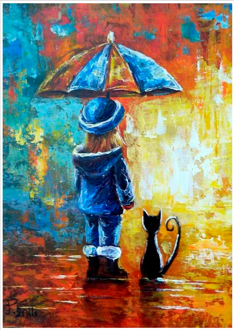 Poster  impressão em Canvas -Menina guarda chuva e gato