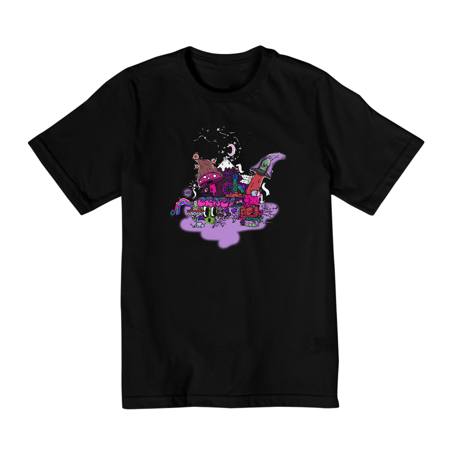 Camiseta Infantil Skate Doodle Cogumelo OVNI Elfos Gnomos - Crazy Donut