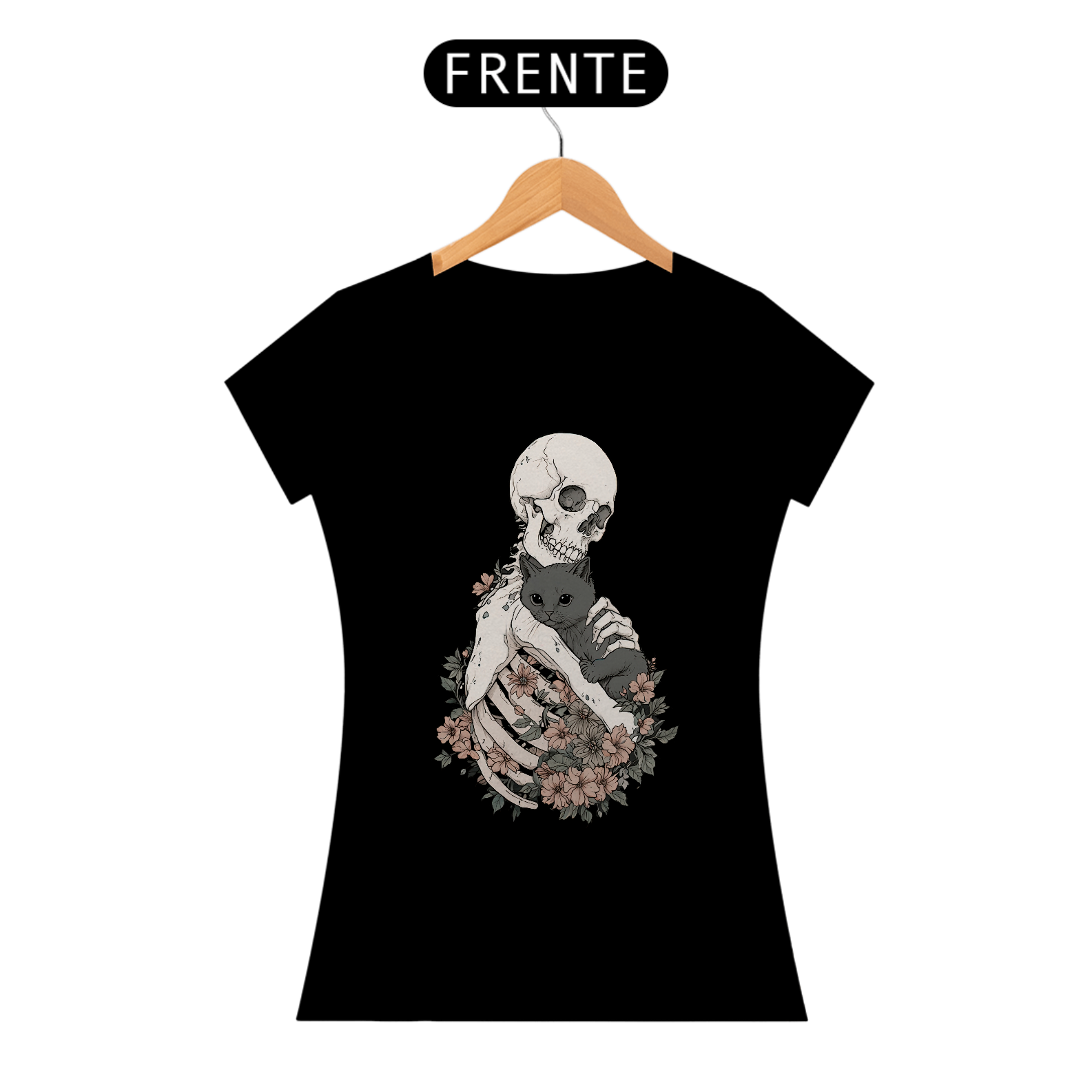 Camiseta baby look de caveira - Skull, Cats and Flowers - BLSCF24
