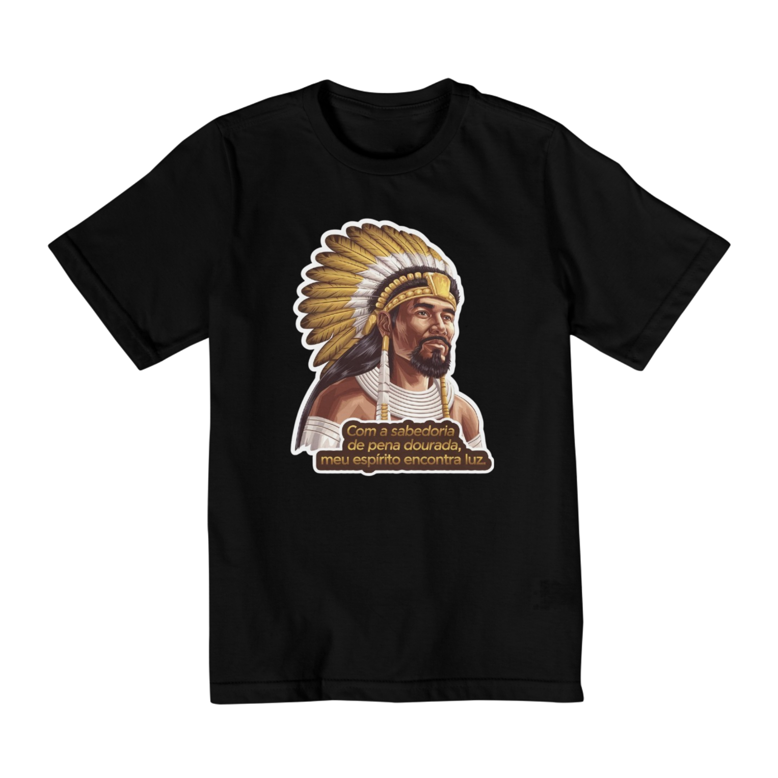 Nome do produto  Camiseta Caboclo Pena Dourada – Cura e Sabedoria Espiritual