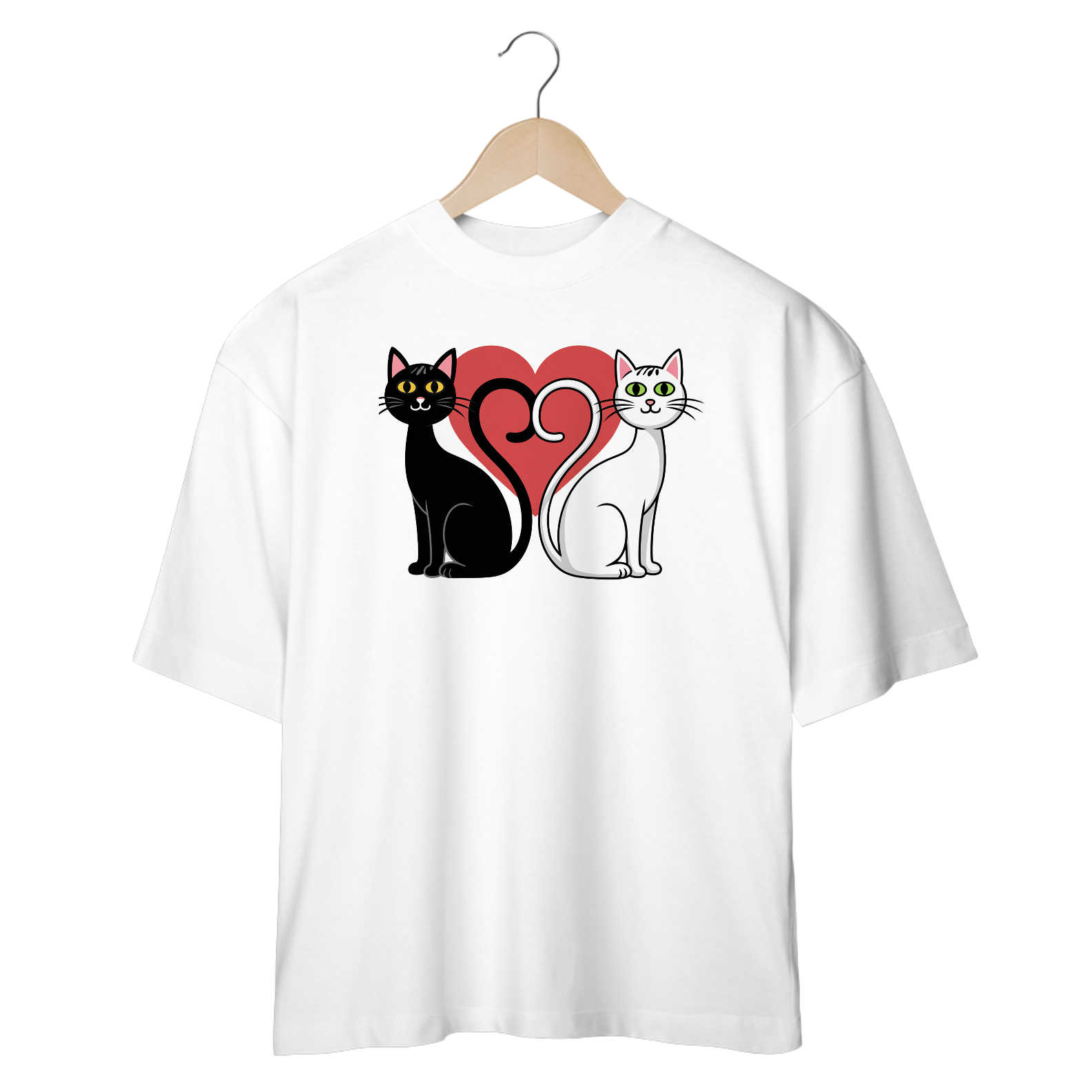 Camiseta Oversized com Estampa  Gatos Coração 
