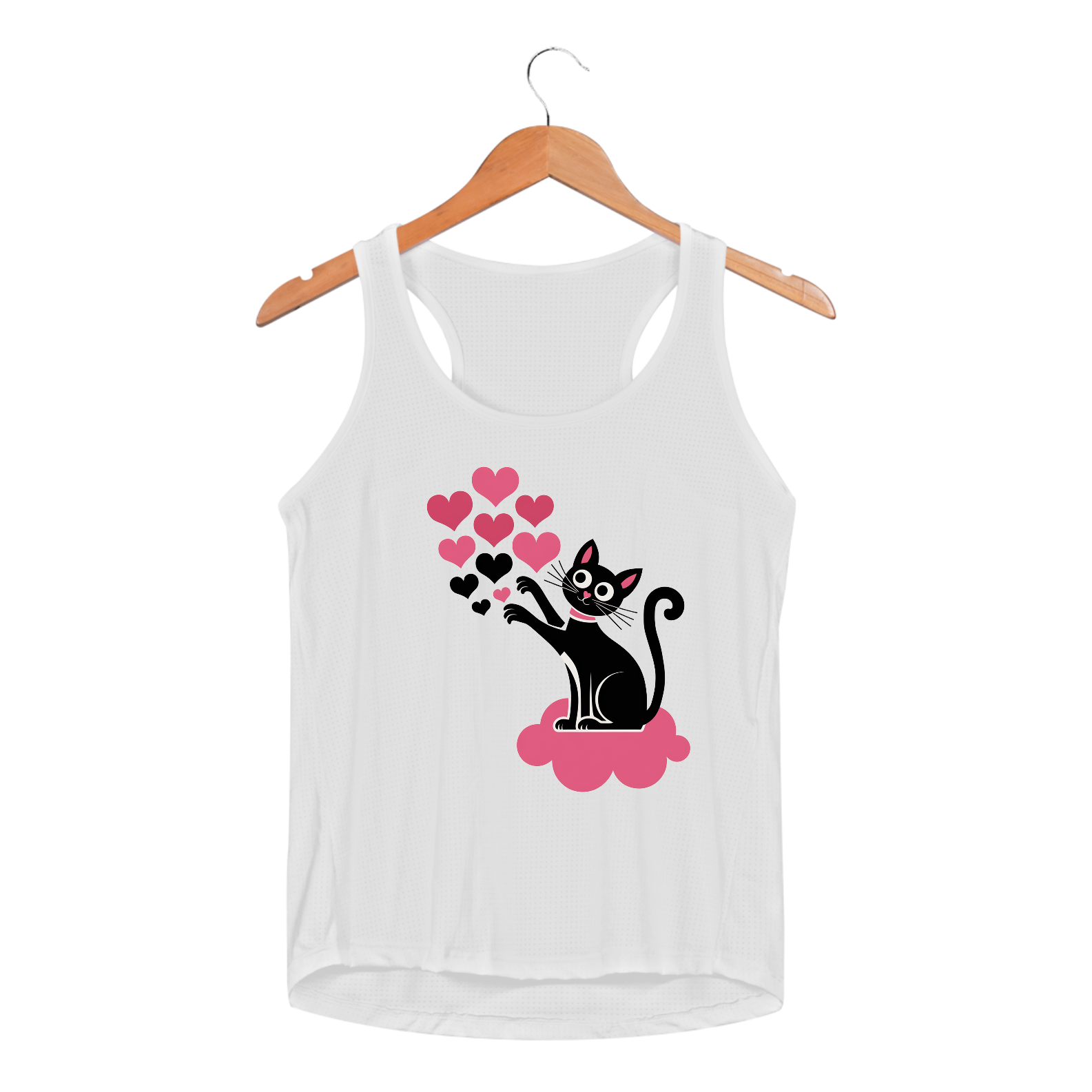 Regata Feminina Sport Dry UV estampa de um Gato Preto e coracoes