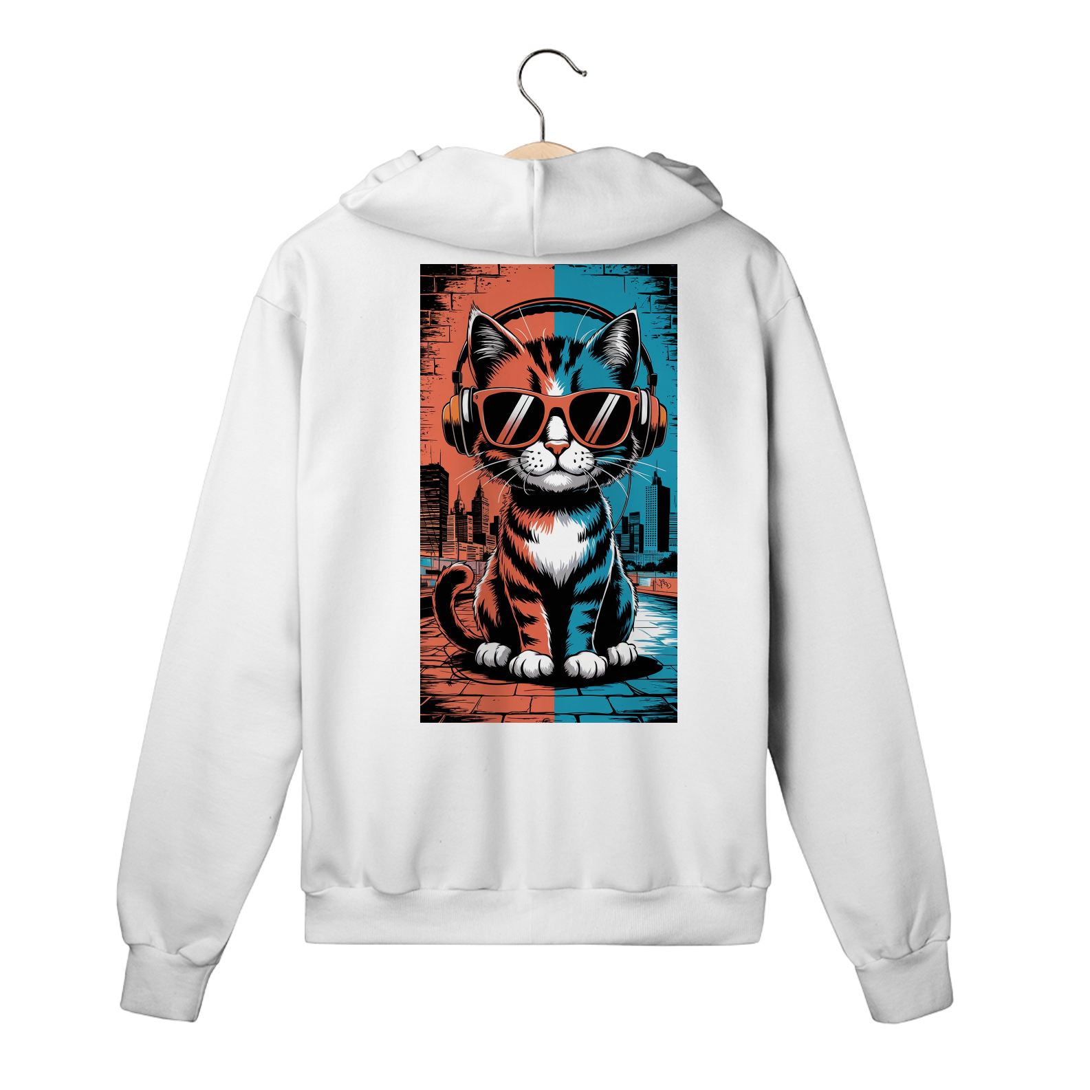 Moletom com Zíper, Bolso e Capuz Estampa Gato POP