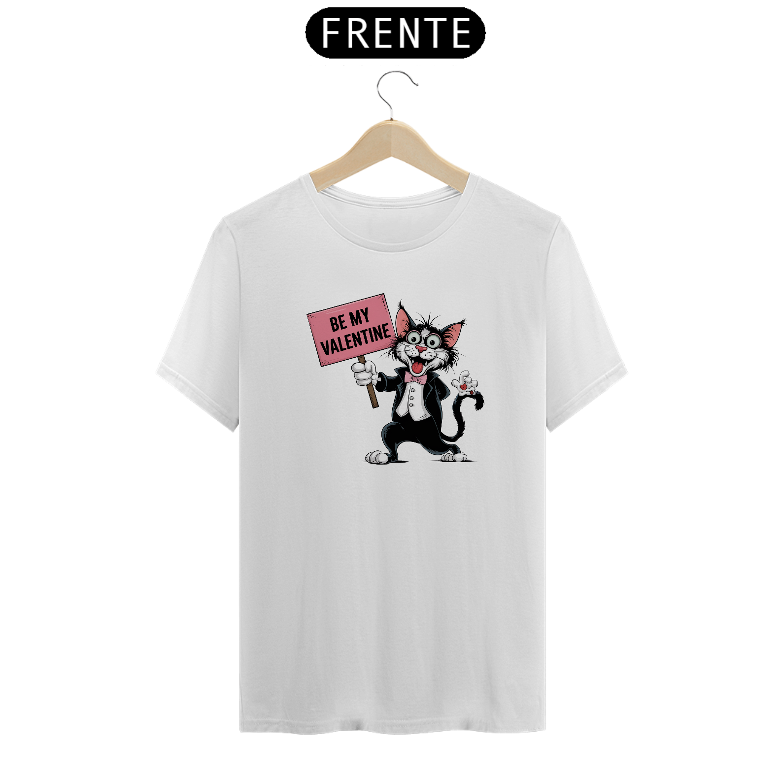 T-Shirt Quality com estampa de Gato Preto expressão maluca. 