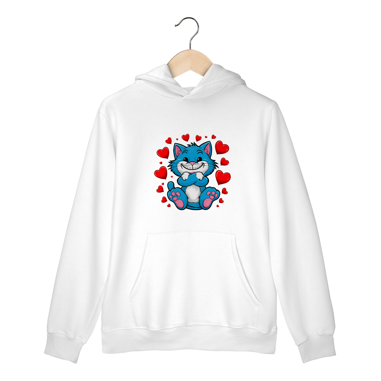 Moletom Canguru com Bolso e Capuz Estampa adorável Gato Azul corações