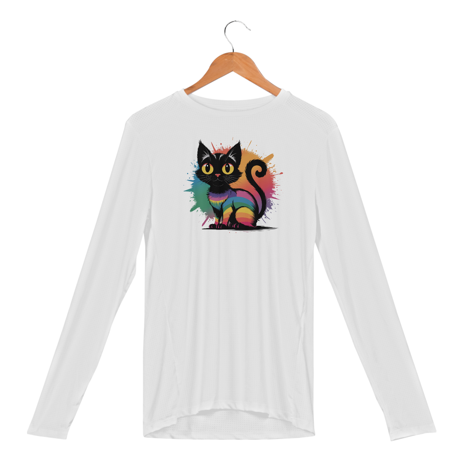 Camisa Manga Longa Sport Dry UV Estampa Gato Preto Arco-íris
