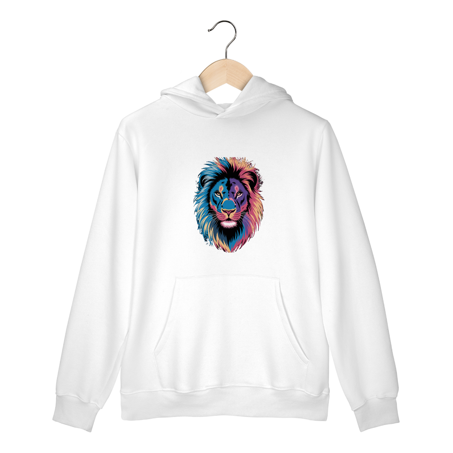 Moletom Canguru com Bolso e Capuz Estampa Leão Colorido