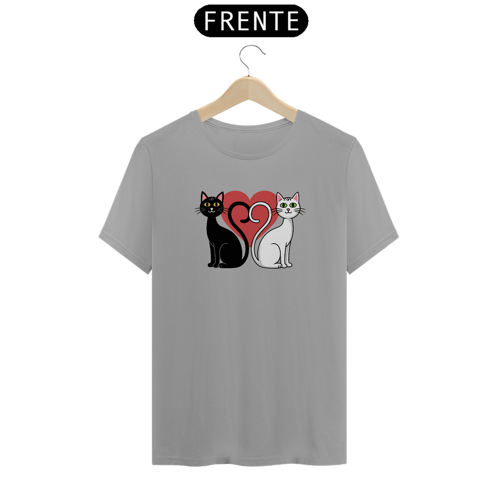 T-Shirt Quality Estampa Silhueta Dois Gatos Preto e Branco