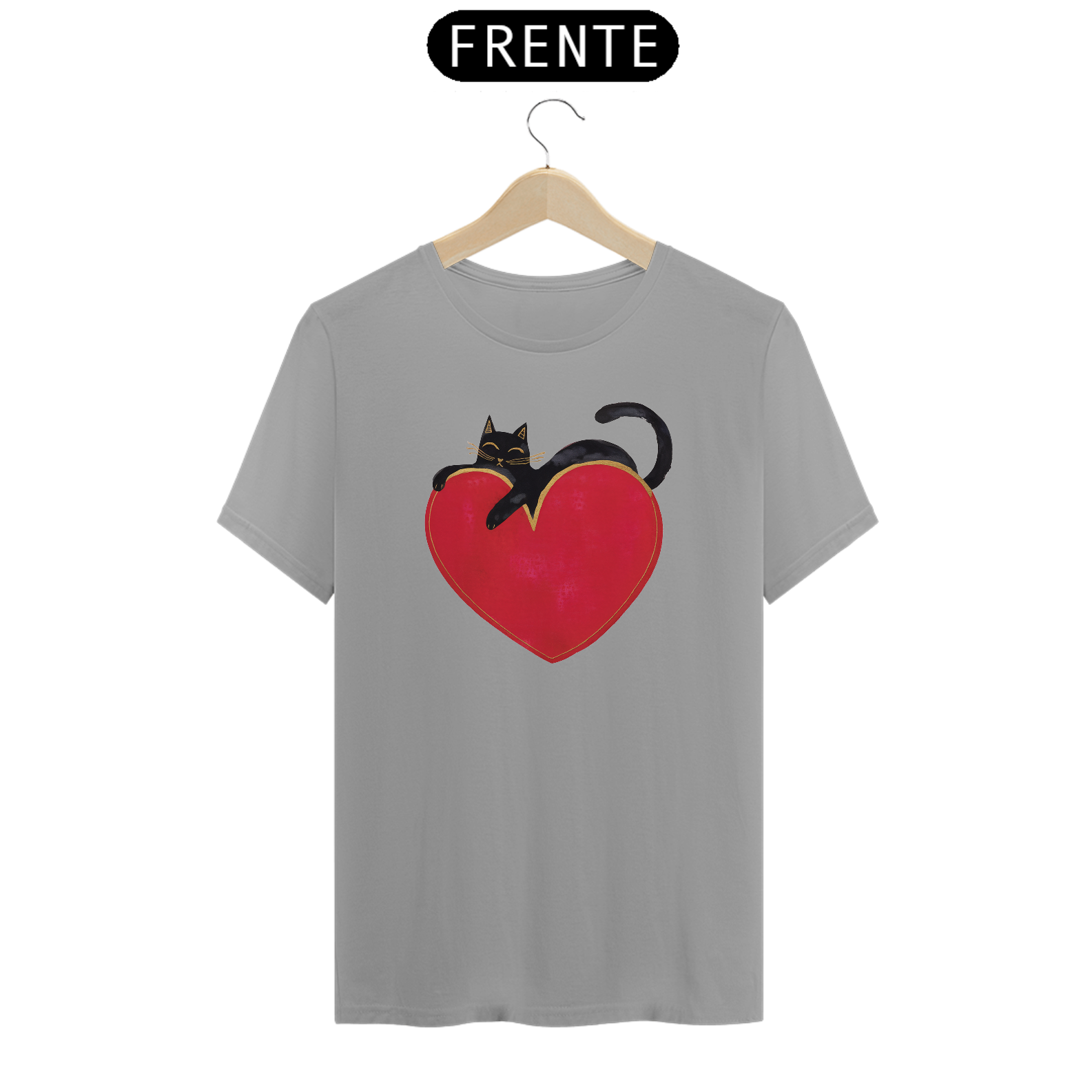 T-Shirt Quality Estampa Gato Preto sobre Coração 