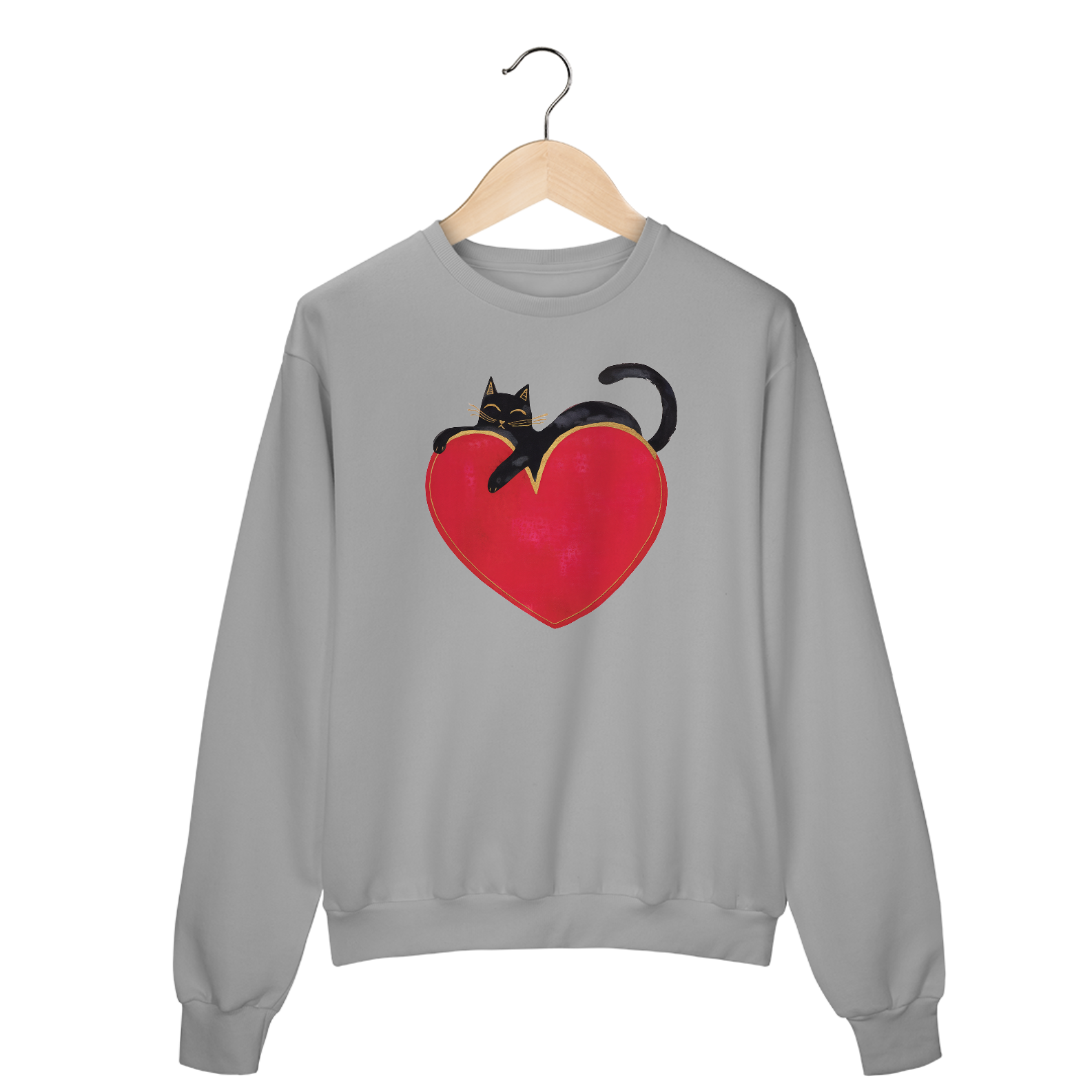 Moletom Fechado Estampa Gato Preto sobre Coracao