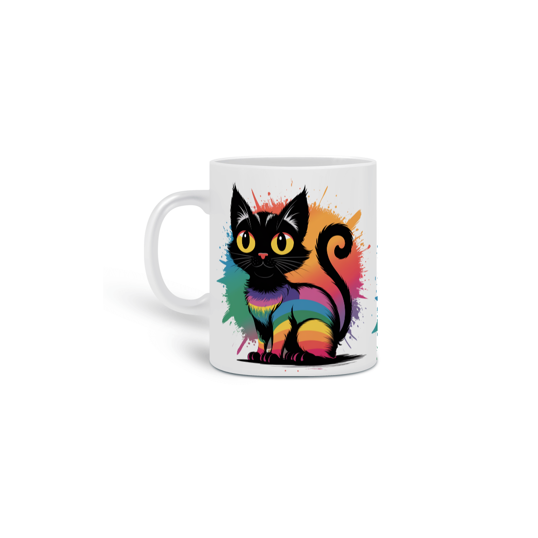 Caneca Cerâmica Branca Estampa Gato Preto Arco-íris 