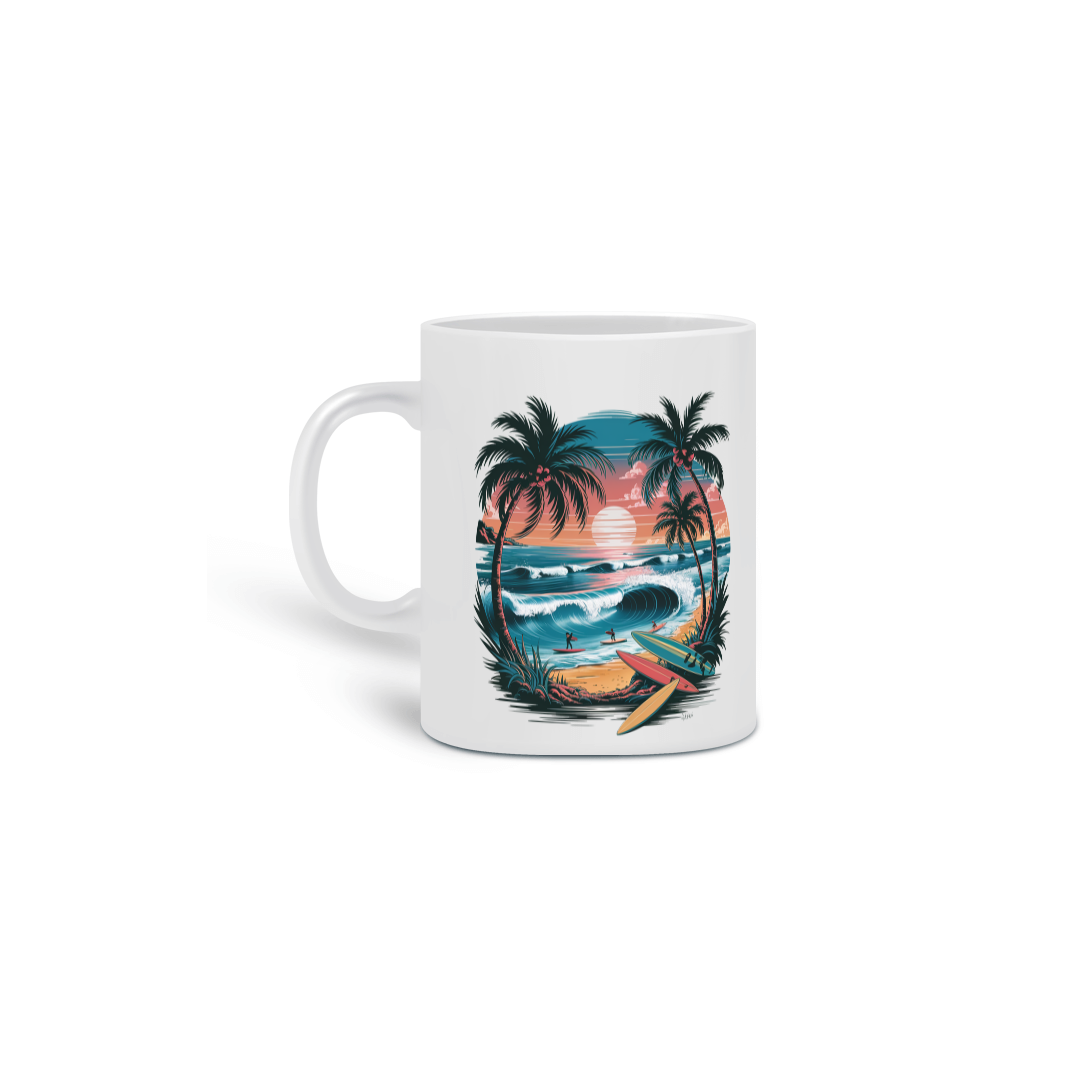 Caneca Cerâmica Branca Estampa Surf