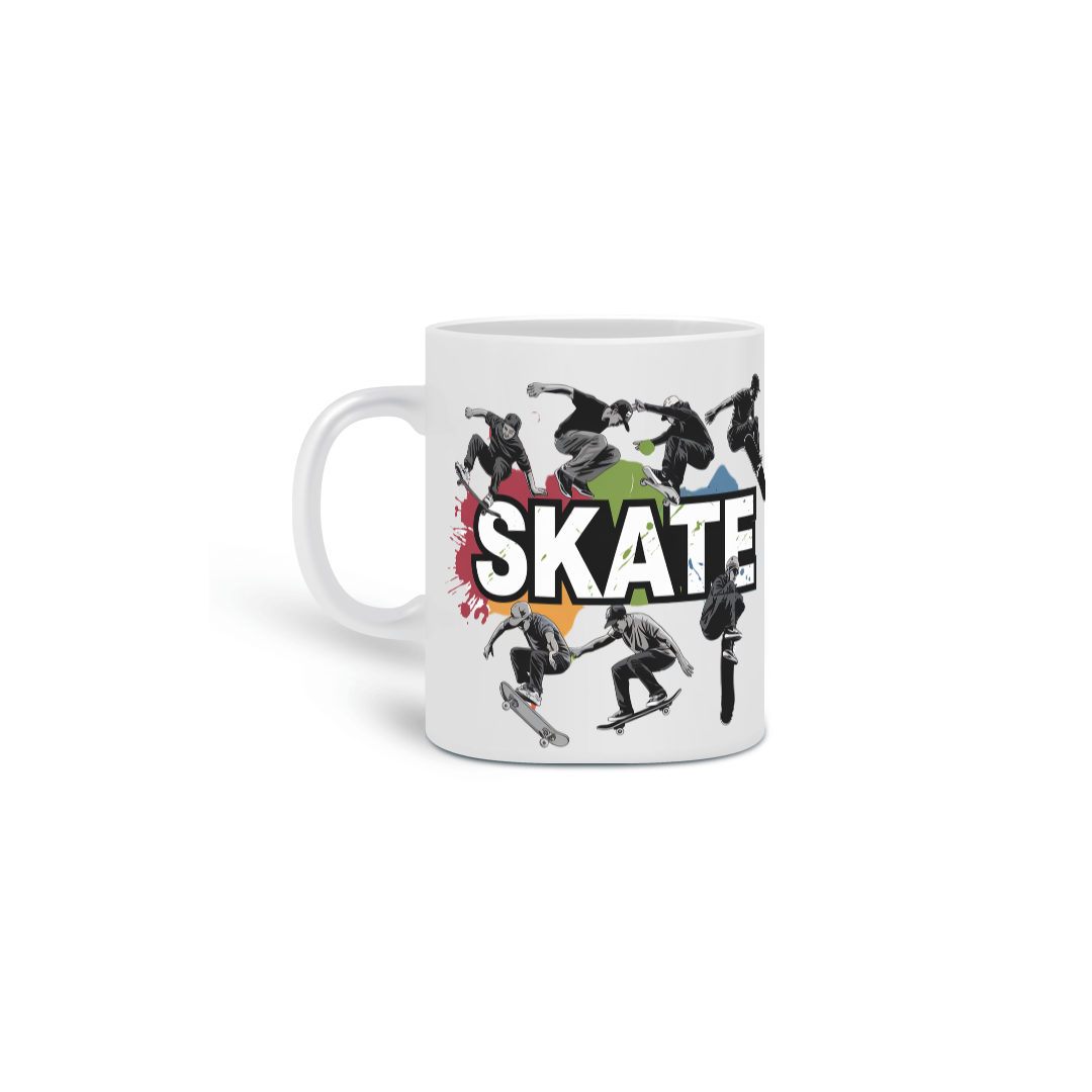 Caneca Cerâmica Branca Estampa Skate Manobras