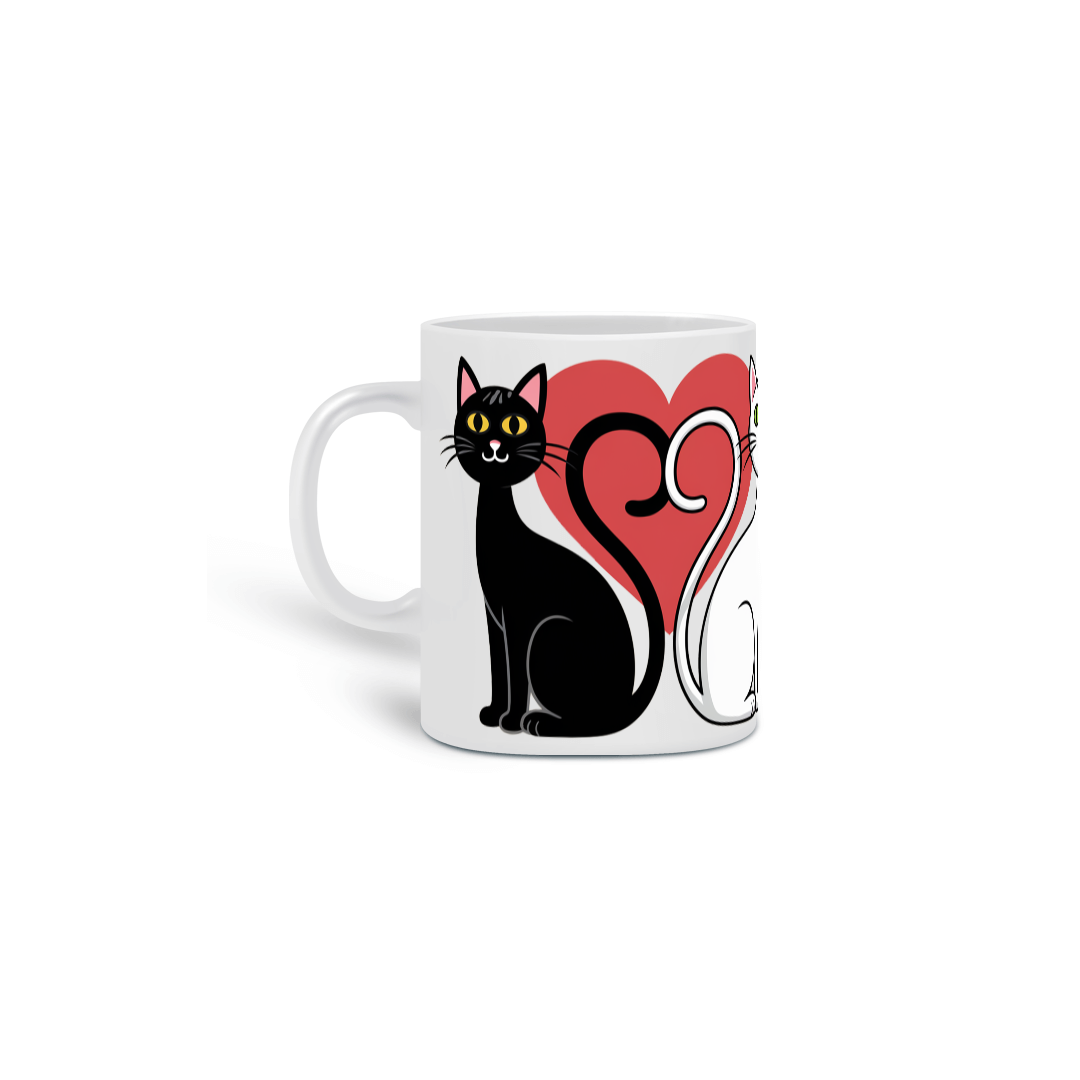 Caneca Cerâmica Branca Estampa Gato Branco Preto