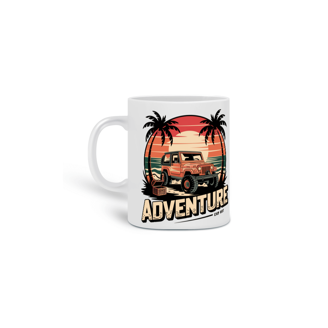 Caneca Cerâmica Branca Estampa Aventura Jipe Praia Sol