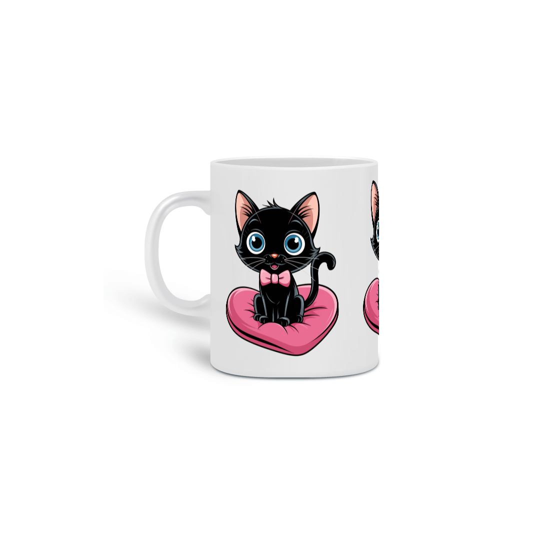Caneca Cerâmica Branca Estampa Gato Preto Almofada Coração 