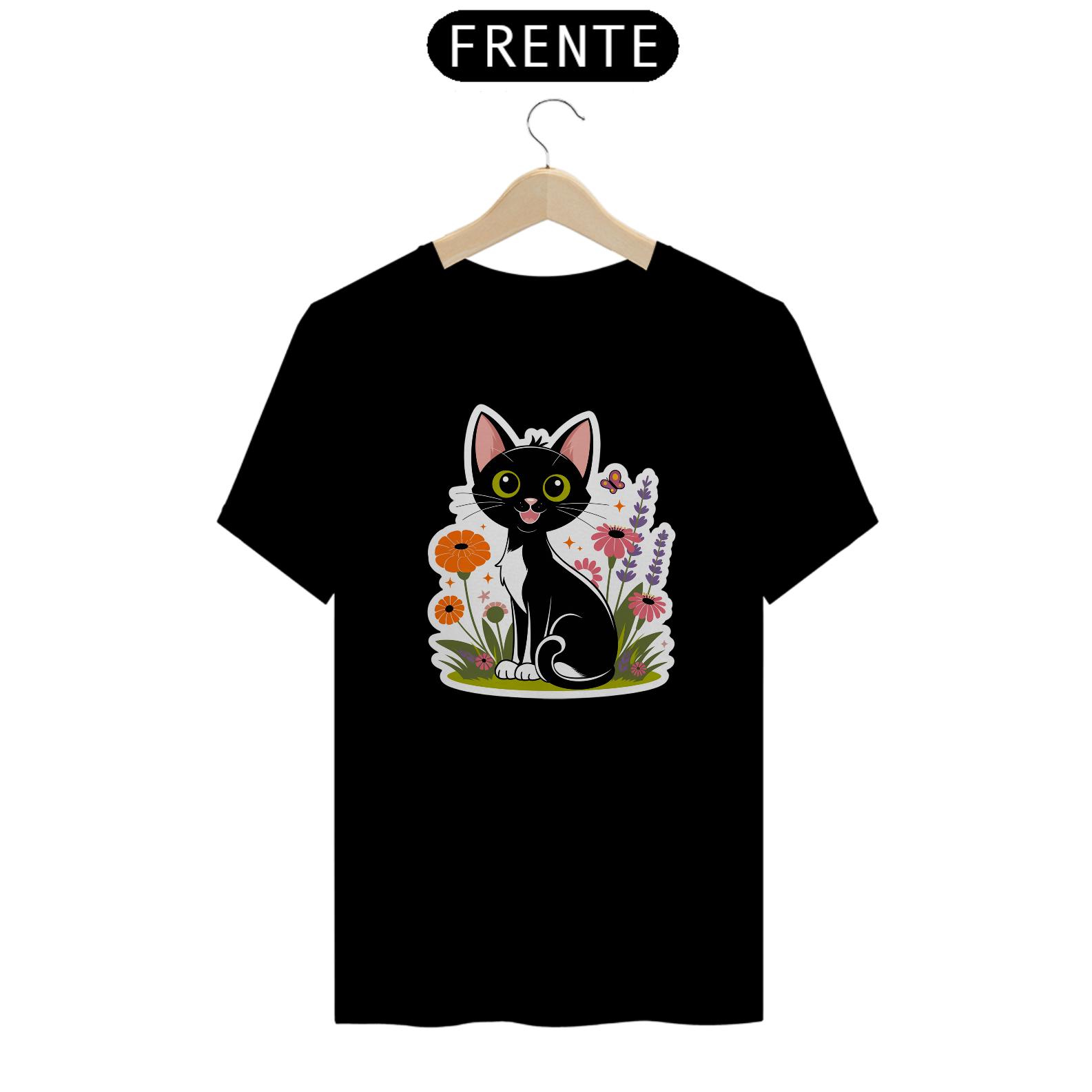 T-Shirt Quality Estampa Gato Preto Florais