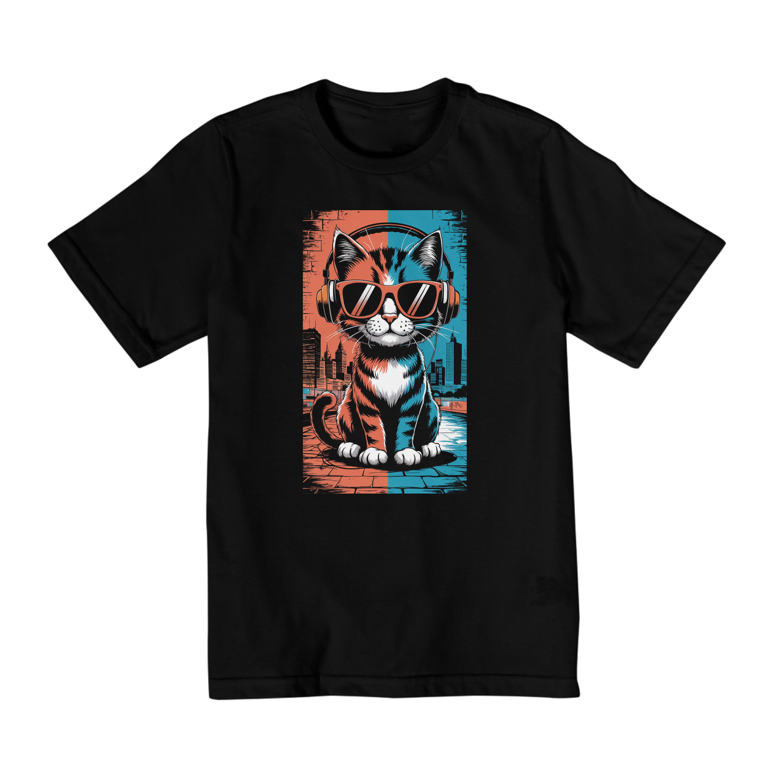 T-Shirt Quality Estampa Gato com Fone Music Arte Pop
