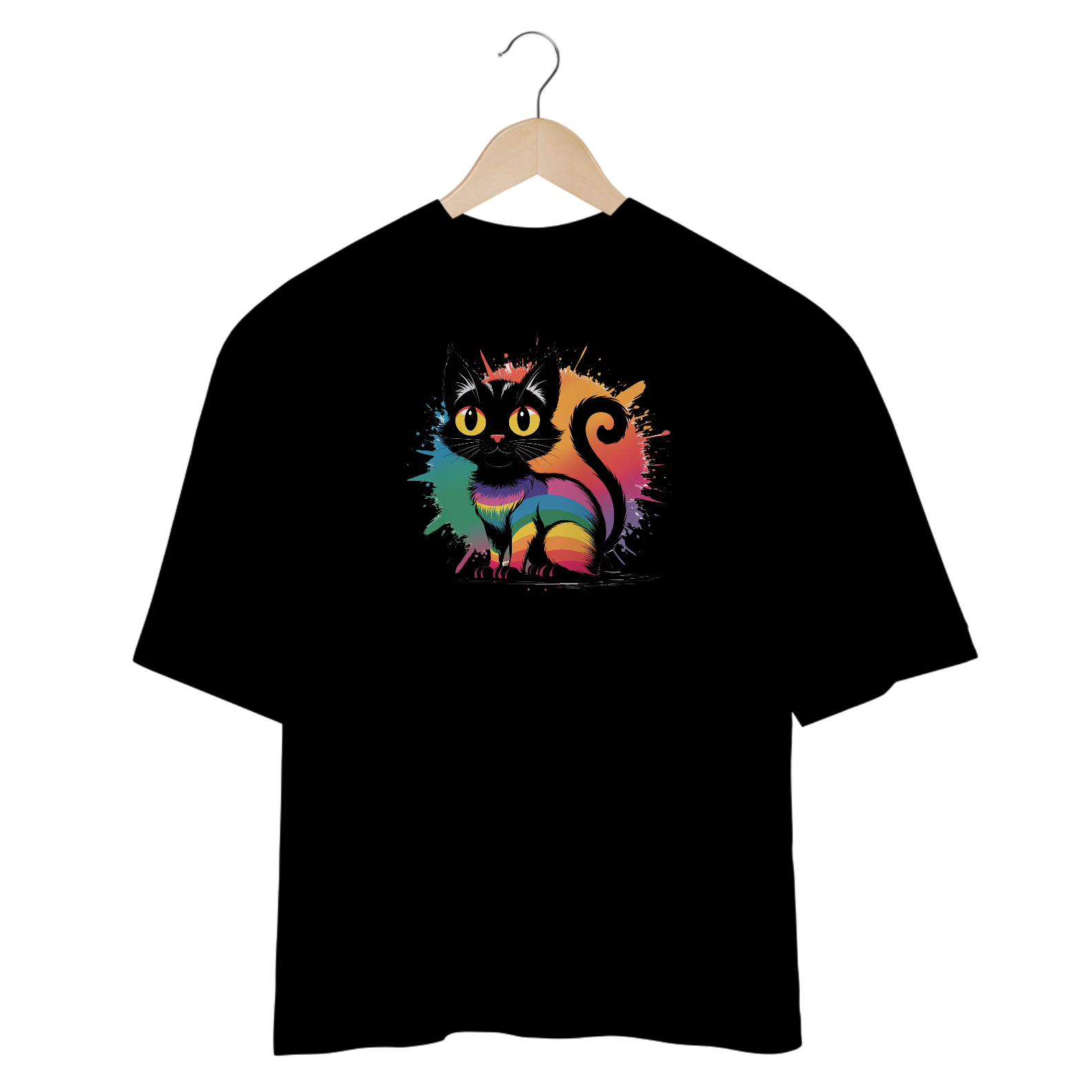 Camiseta Oversized Estampa Gato Preto Arco-íris 