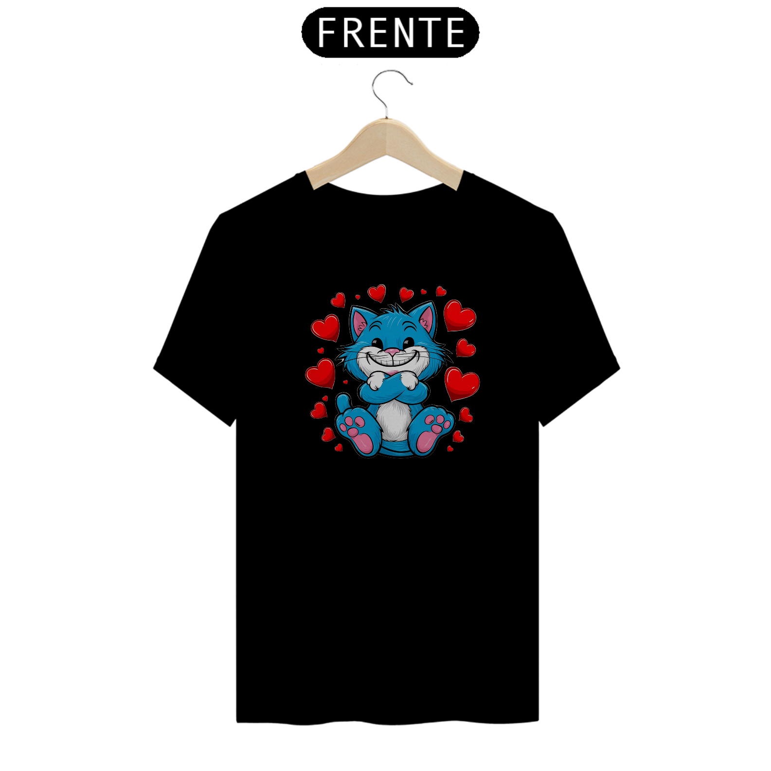 T-Shirt Quality Estampa  adorável  Gato Azul  corações 