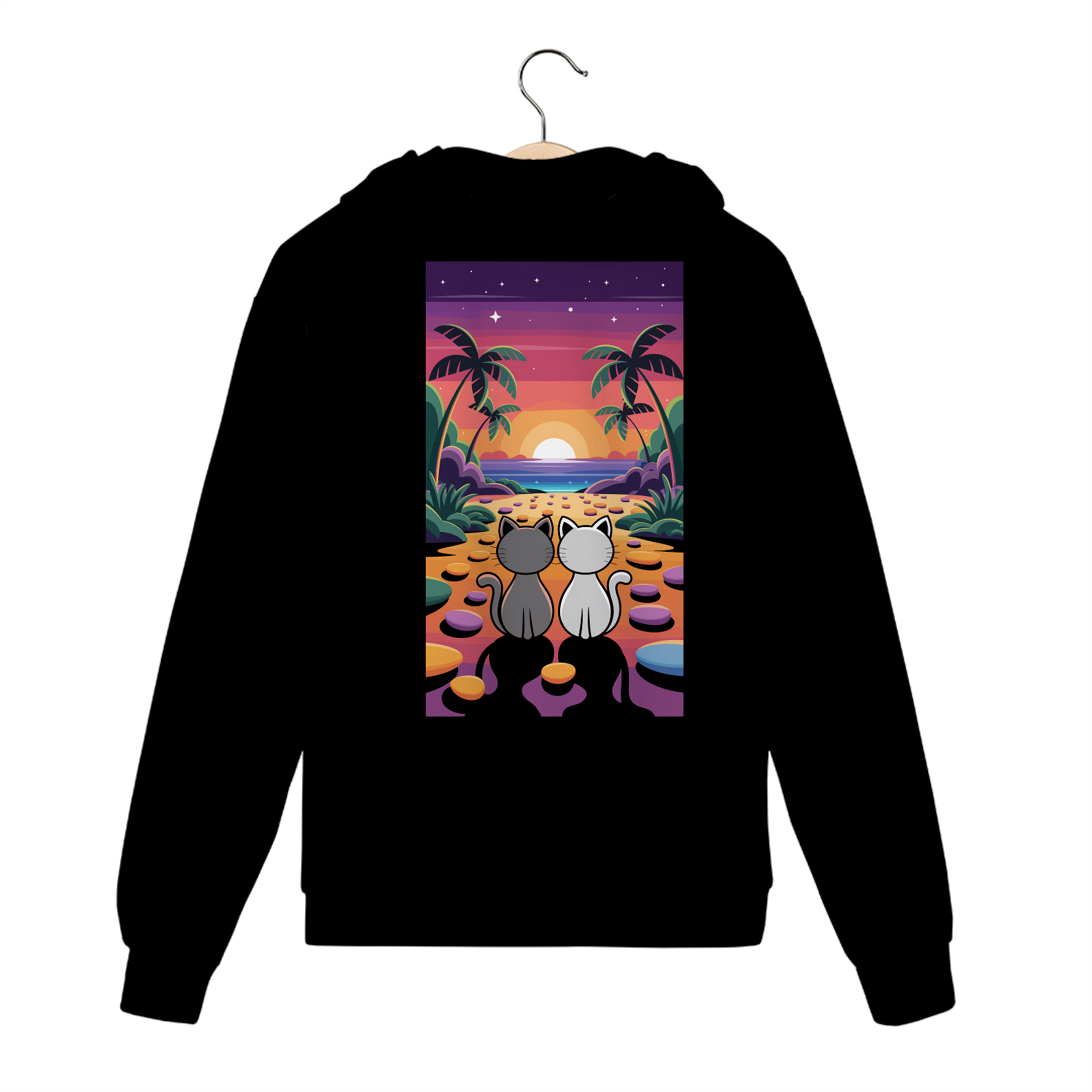 Moletom com Ziper, Bolso e Capuz Estampa Dois Gatos Por- do -Sol