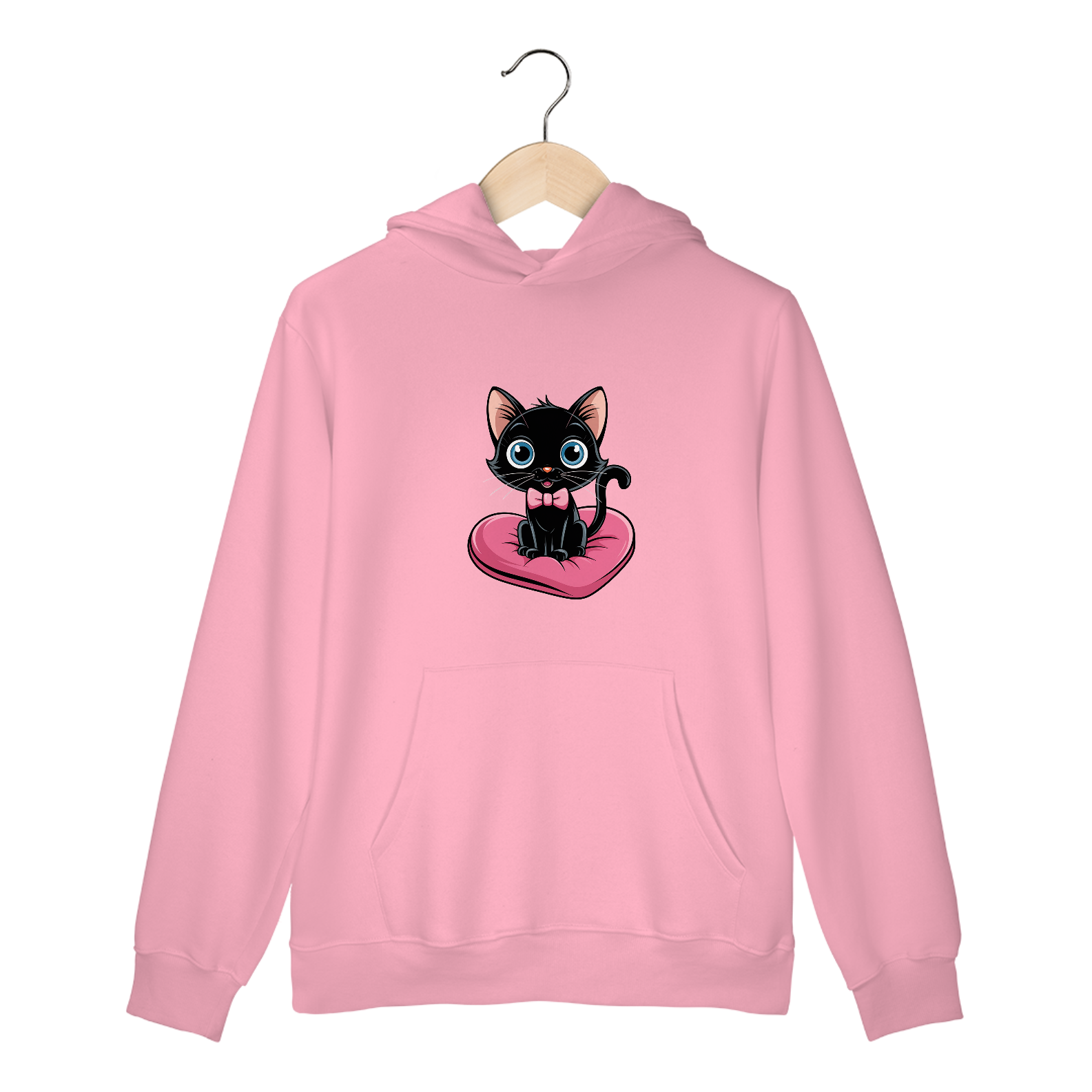 Moletom Canguru com Bolso e Capuz Estampa Gato Preto Almofada Coração 