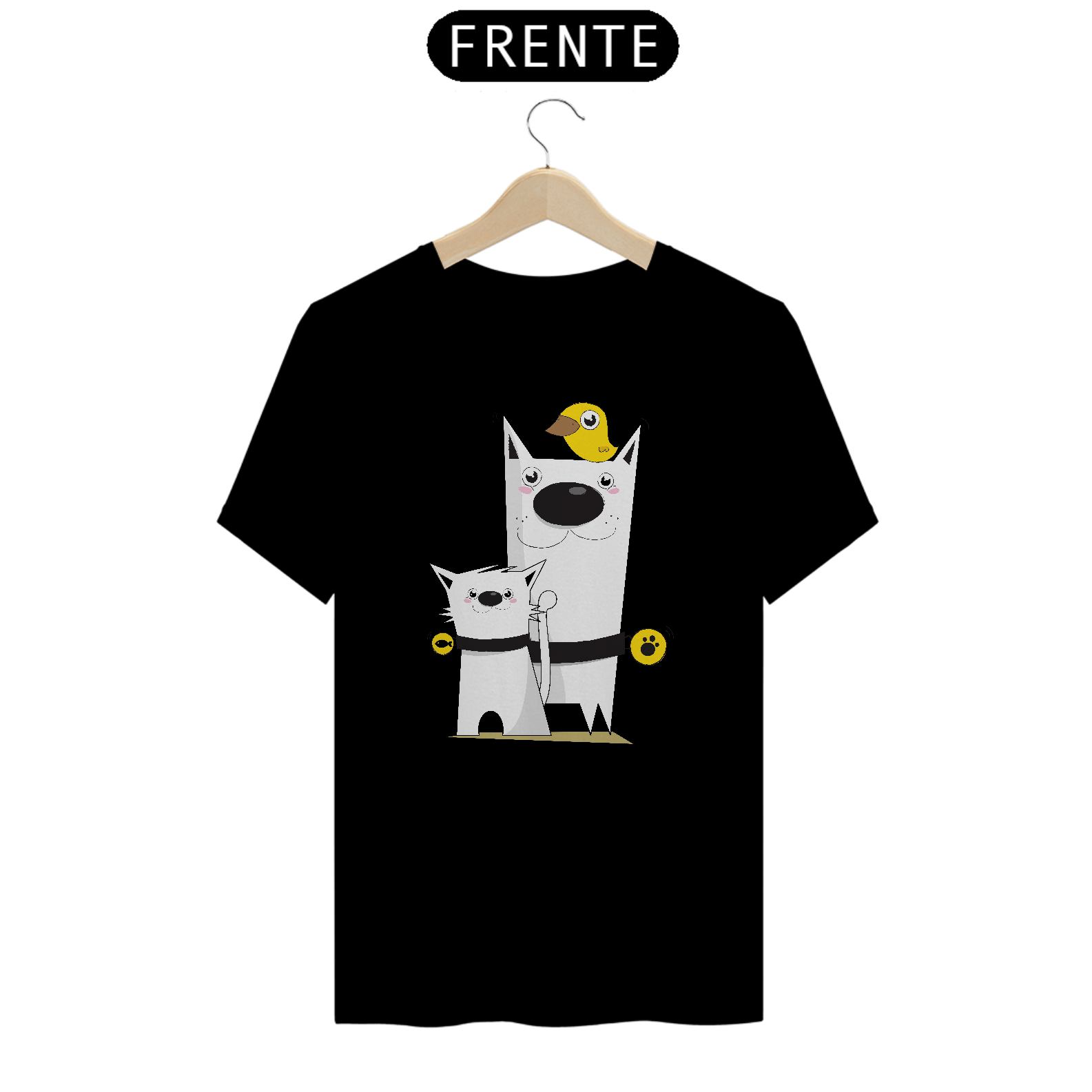 Camiseta Cão Gato Pássaro Cartoon