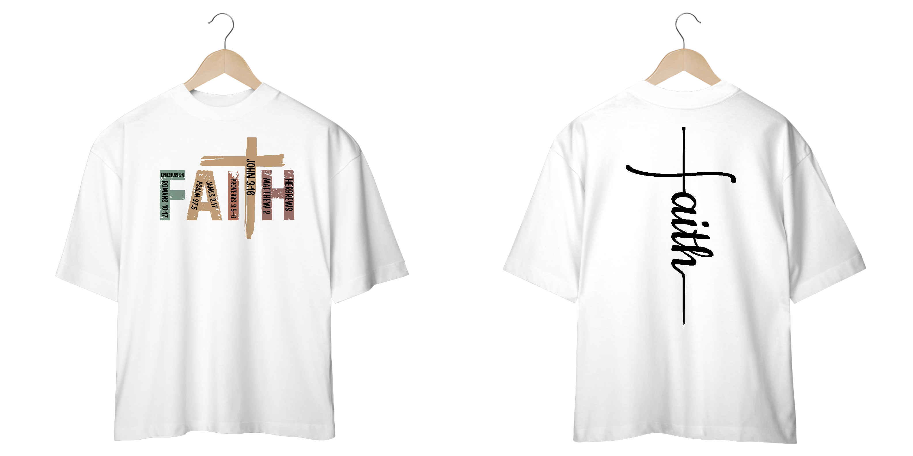 Nome do produto: Camiseta Cristã com Versículos Bíblicos – Palavra FAITH em Forma de Cruz – Estampa Frente e Costas – Fé com Estilo Moderno