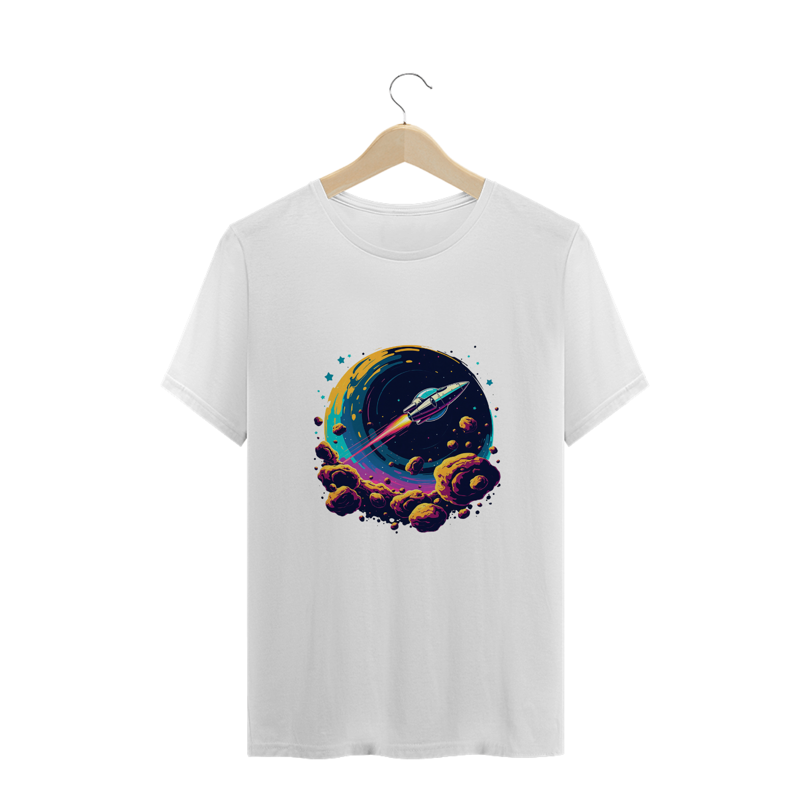 Camiseta Plus Size jogo Asteroids - nave controlada pelo jogador navegando