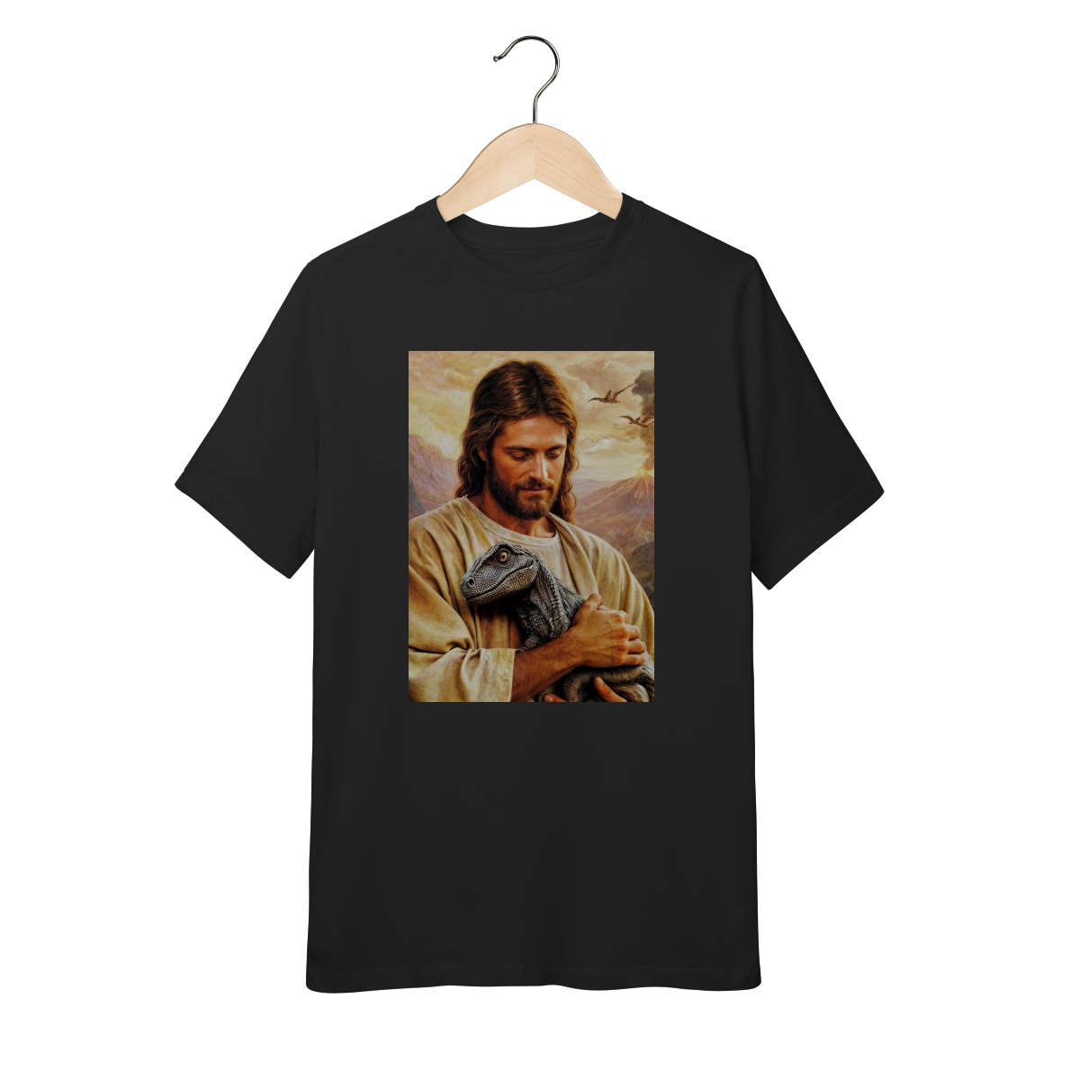Camiseta Infantil Meme Jesus com Dinossauro - Quality (10 a 14 Anos) | Cores Vibrantes | Tamanhos P ao GG | TrapoGeek