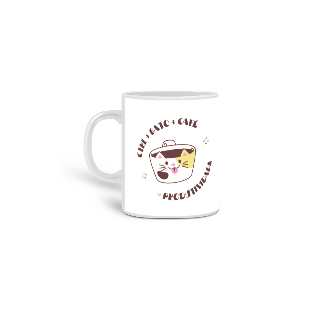 Caneca CTRL + Gato + Café = Produtividade – Estampa Fofa e Inspiradora