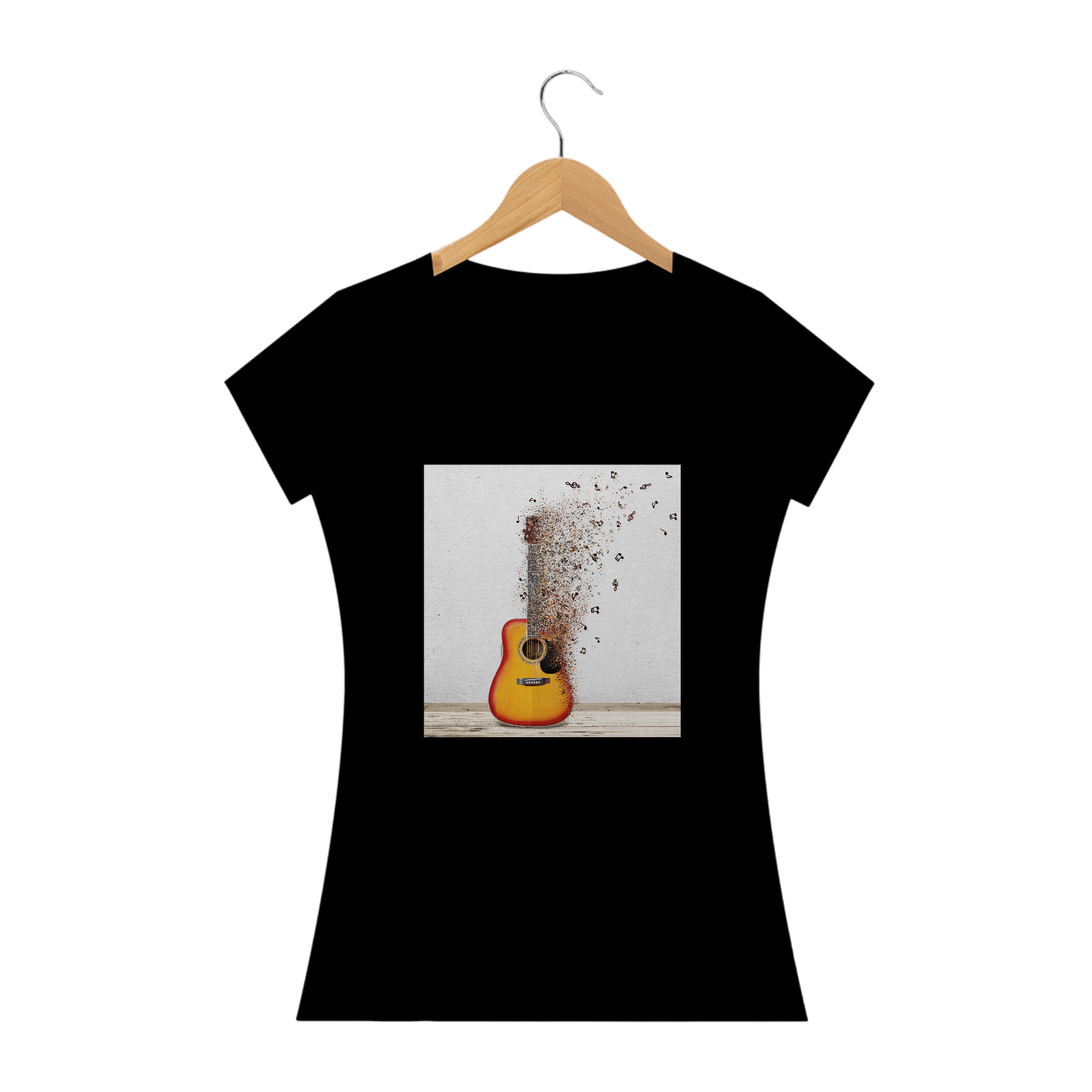 Camiseta Feminina - Baby Long - Violão com notas 