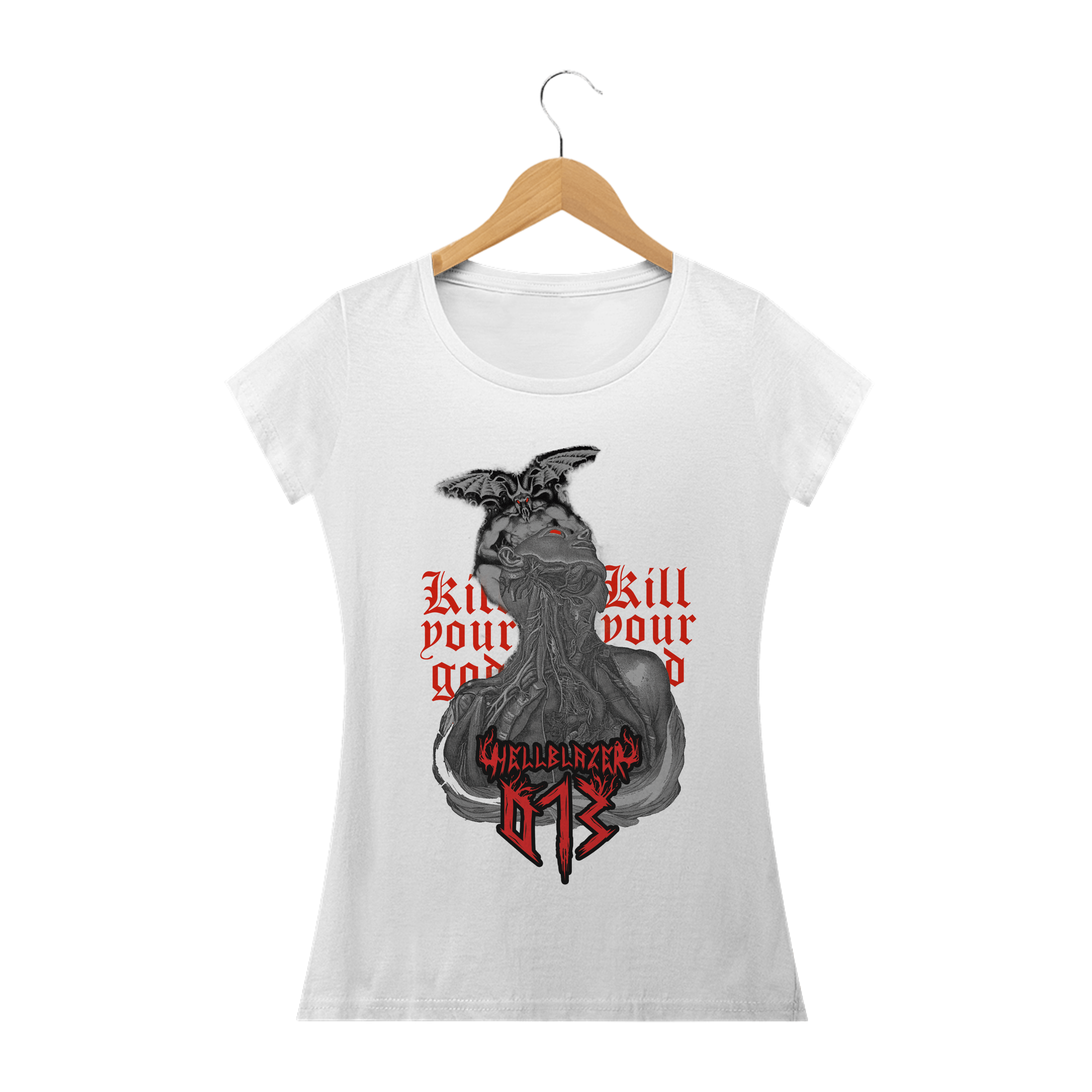 Nome do produto  HELLBLAZER 013 Camiseta feminina Kill Your God 666