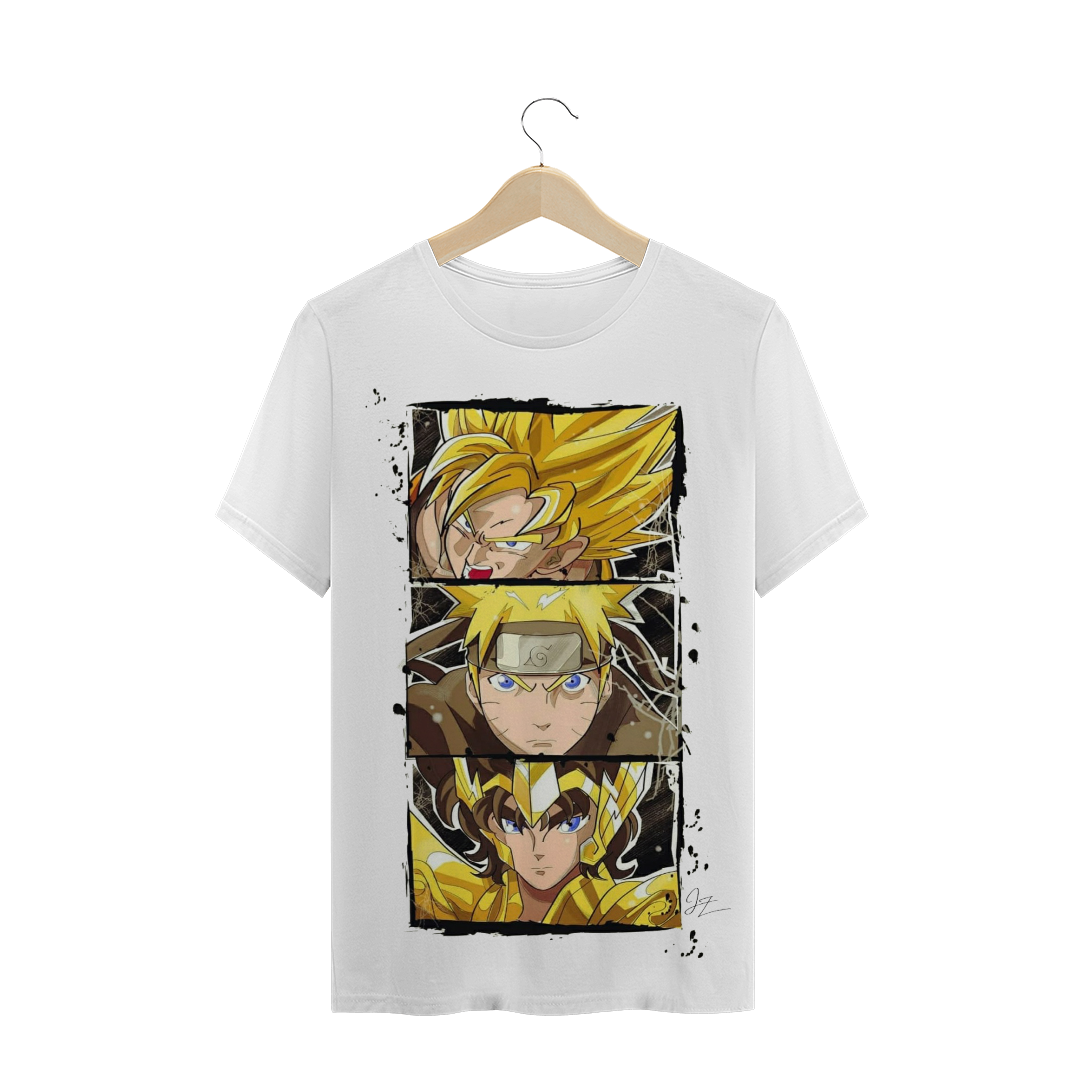 Nome do produto  Camiseta Heróis Dourados - Goku, Naruto e Seya