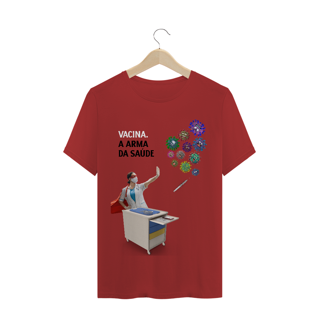 Camiseta Estonada - Vacina. A Arma da Saúde. - Cores vermelho e amarelo