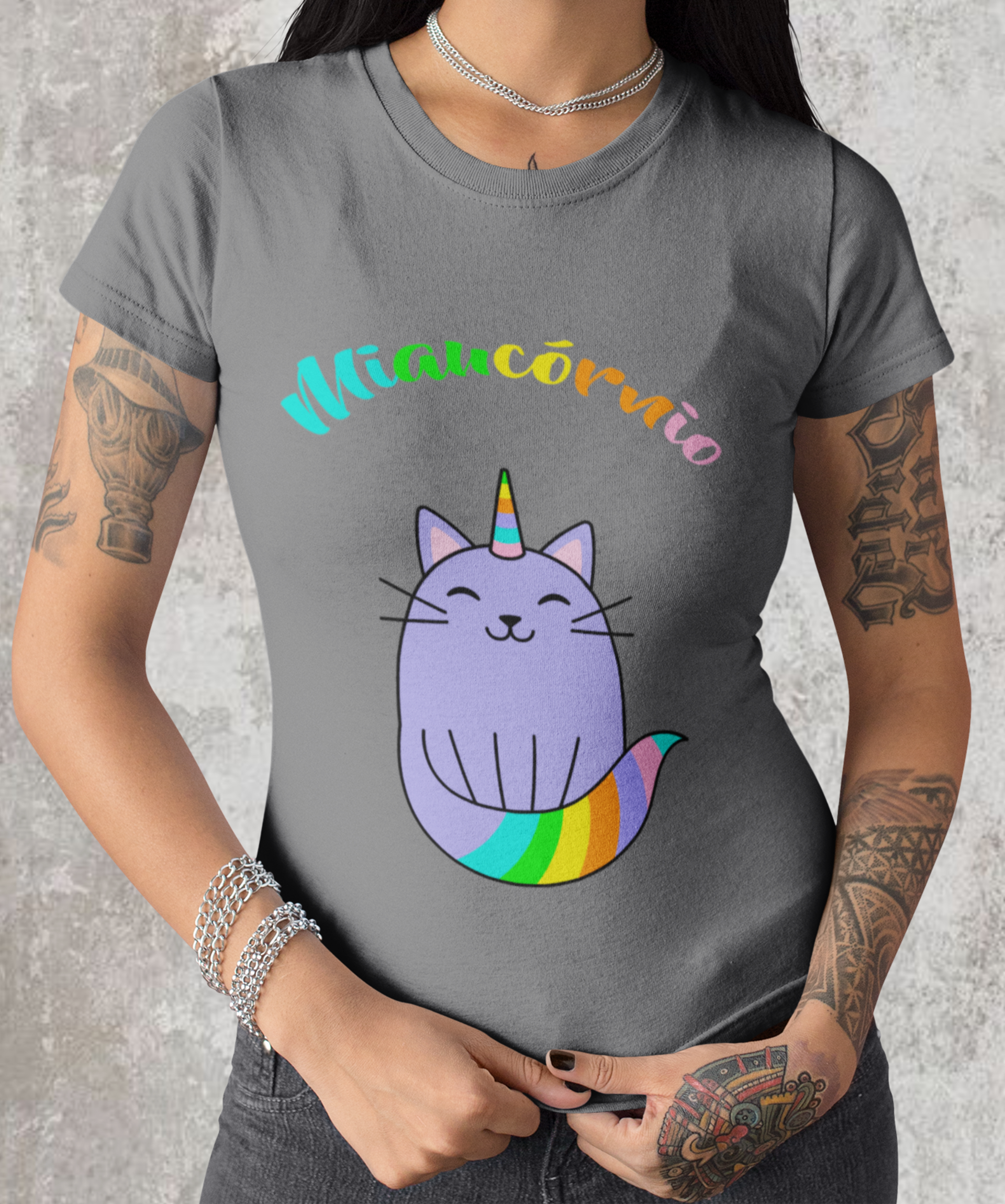 Camiseta feminina estonada Miaucórnio