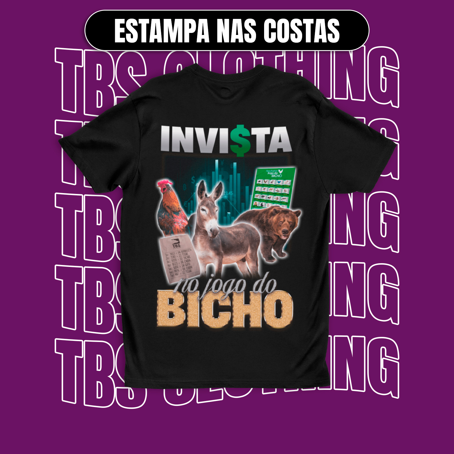 (Estampa nas costas) Invista no jogo do bicho