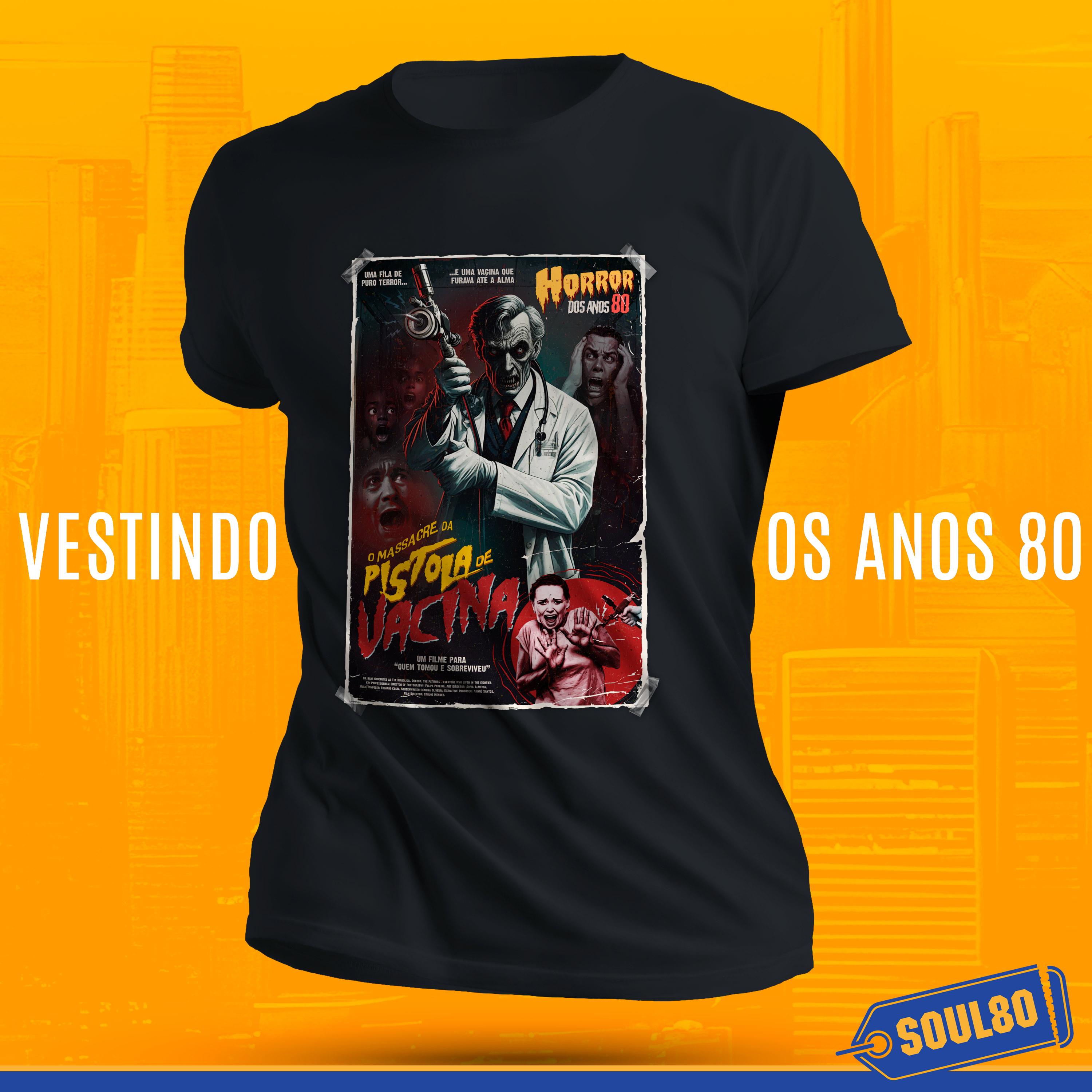 Camiseta Pistola de Vacina - Geração Anos 80