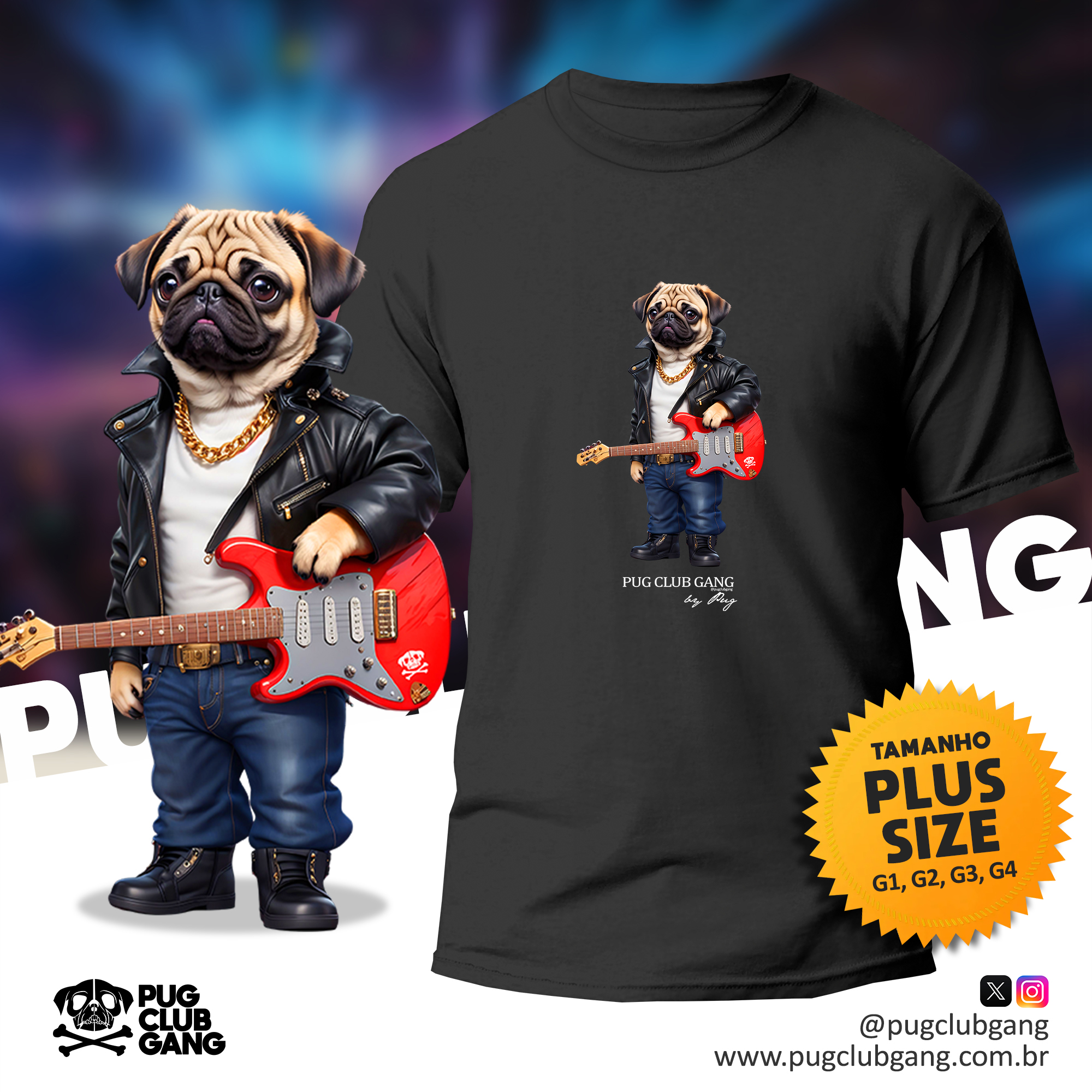 Camiseta Pug - Pug Guitar Rock - Plus Size
