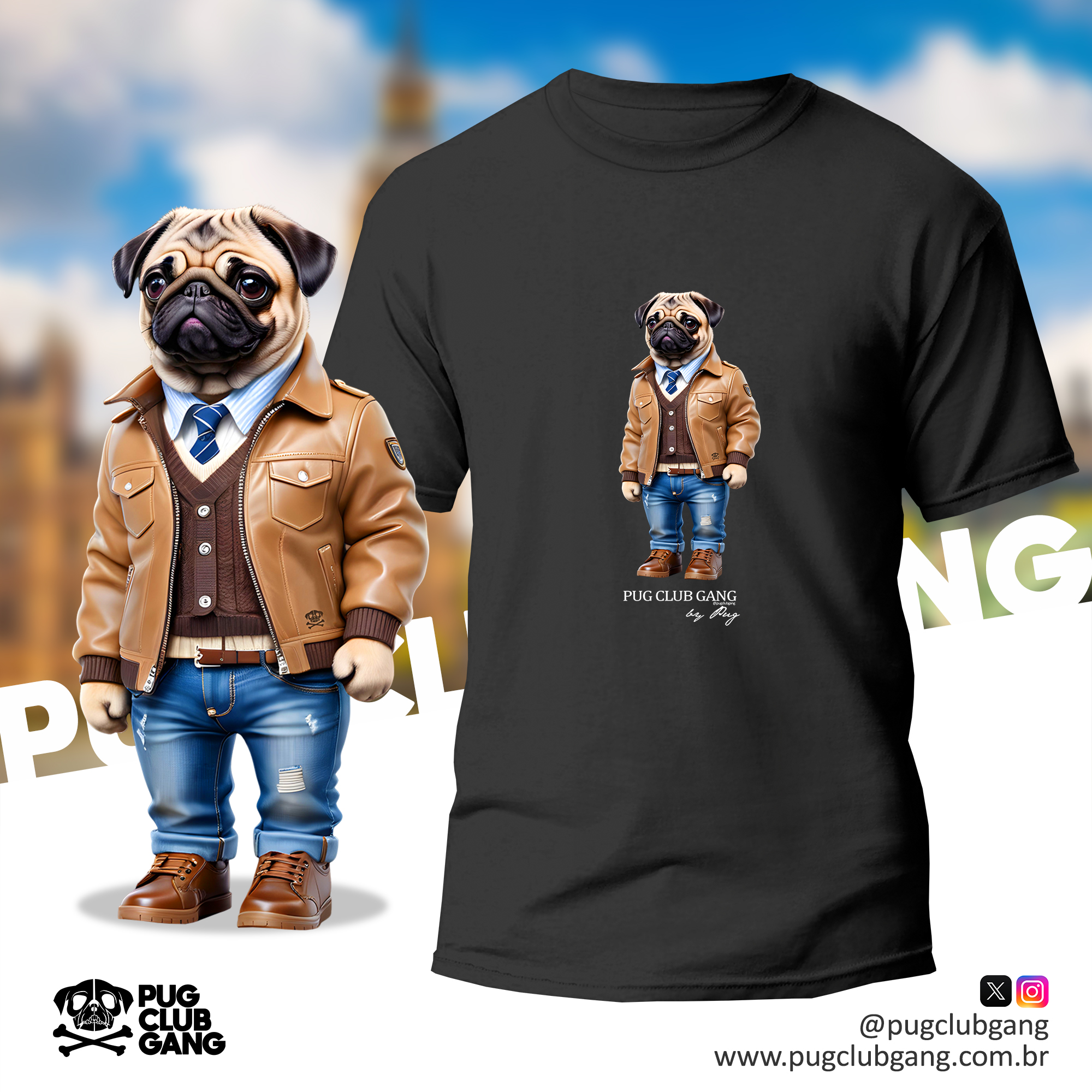 Camiseta Pug - Pug de Jaqueta Couro