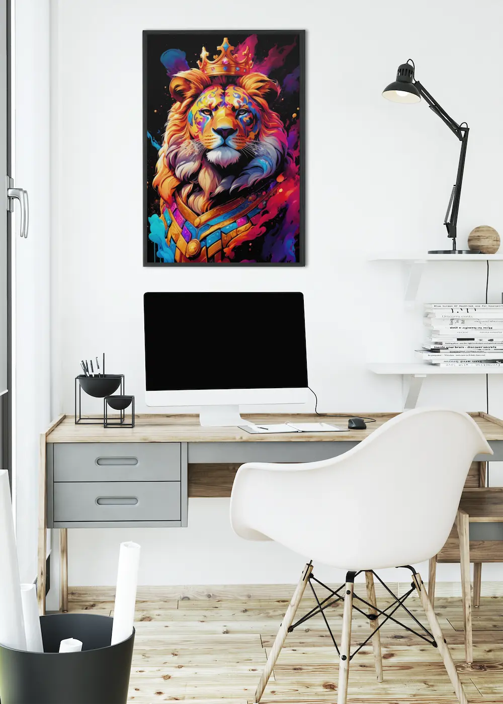 Quadro Realeza Selvagem: O Leão Coroado em Esplendor Colorido