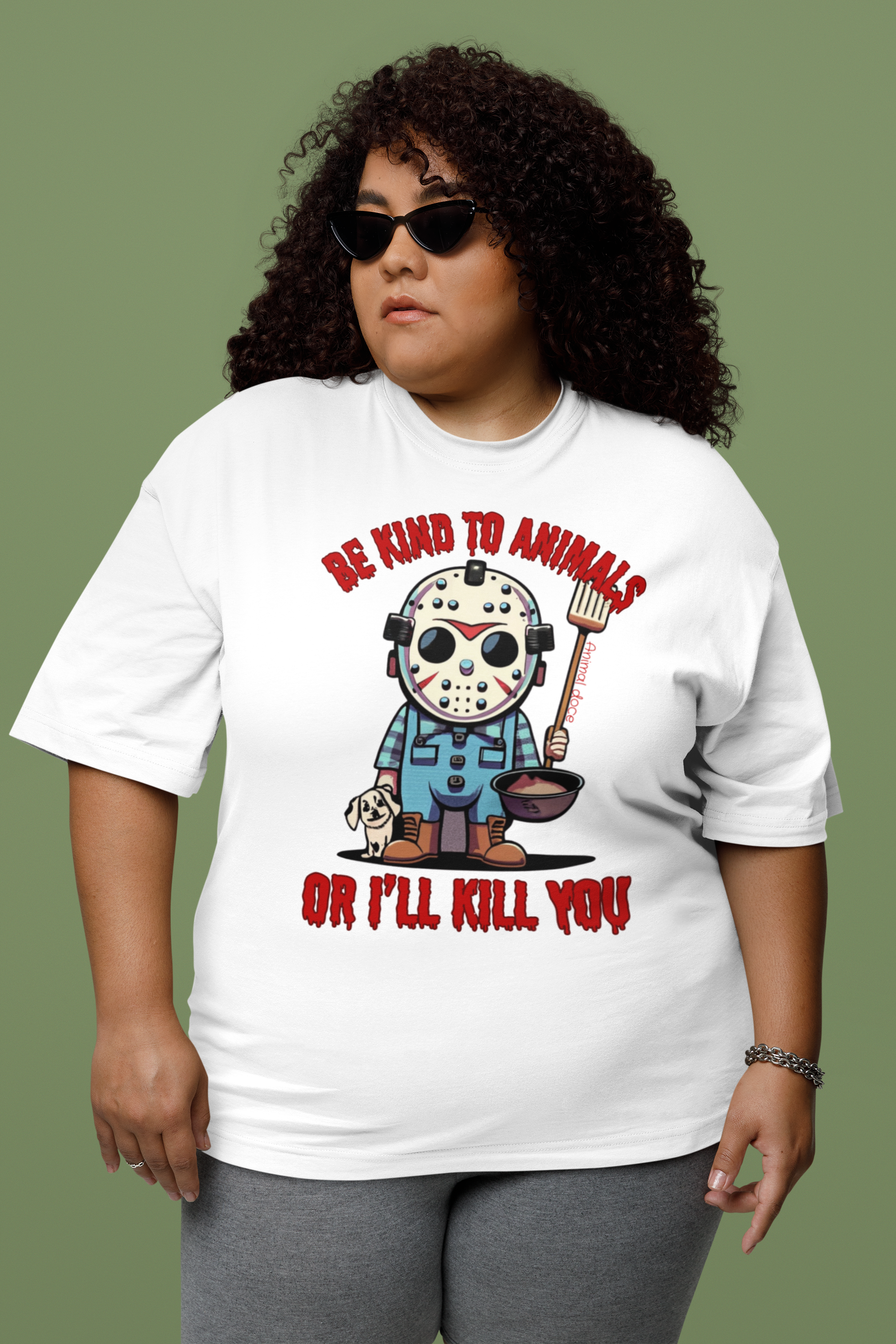 CAMISETA T-SHIRT PLUS SIZE DOG, LINHA FILME JASON BE KIND TO ANIMALS, SEXTA FEIRA 13