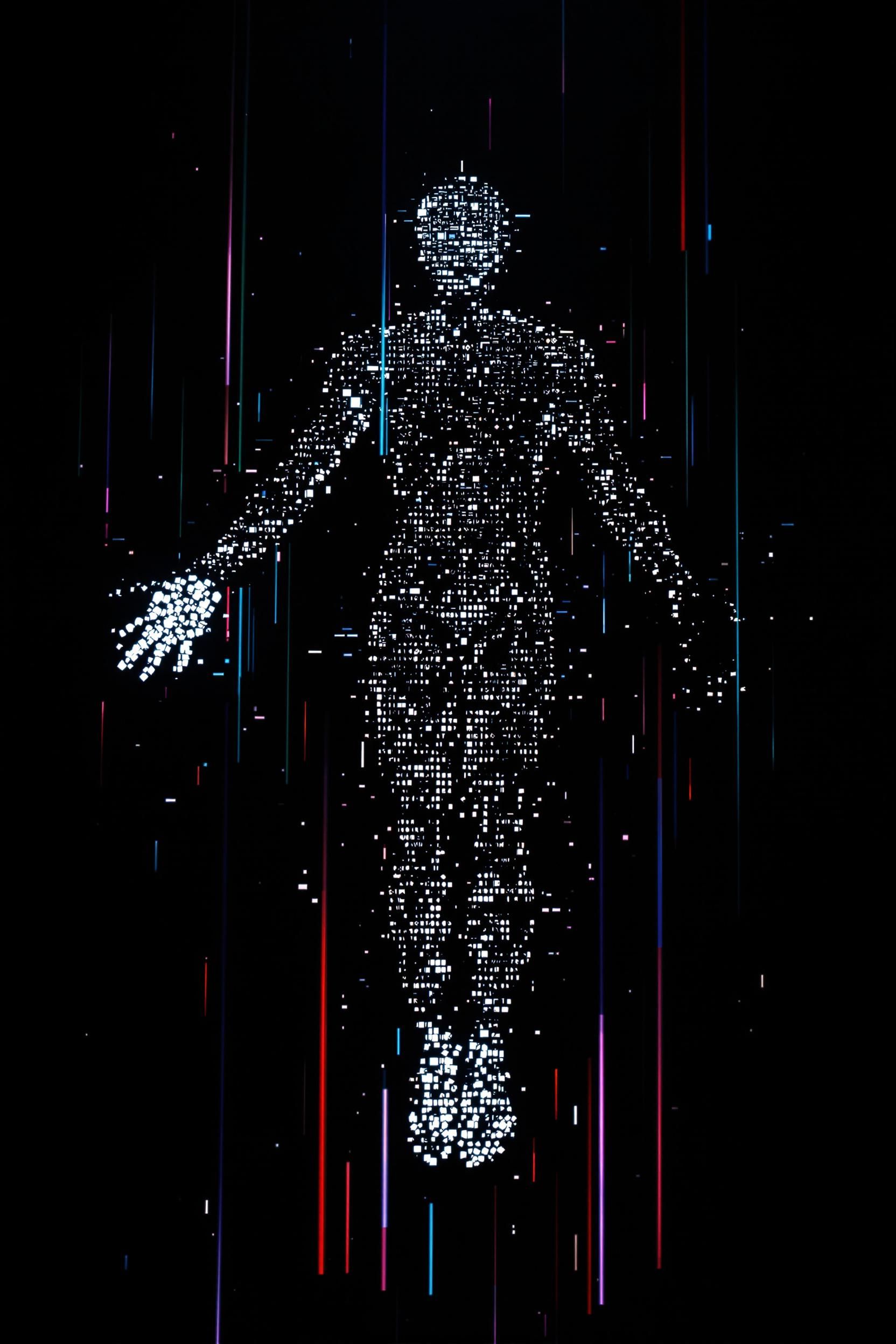 Nome do produto  Boné QualityUma figura humana futurista pixelizada, inspirada em Michelangelo, com estilo pixel art, estética de glitch eletrônico, textura cibernética, pontos brancos brilhantes formando as mãos, pontilhismo digital, fundo preto escuro com textura s