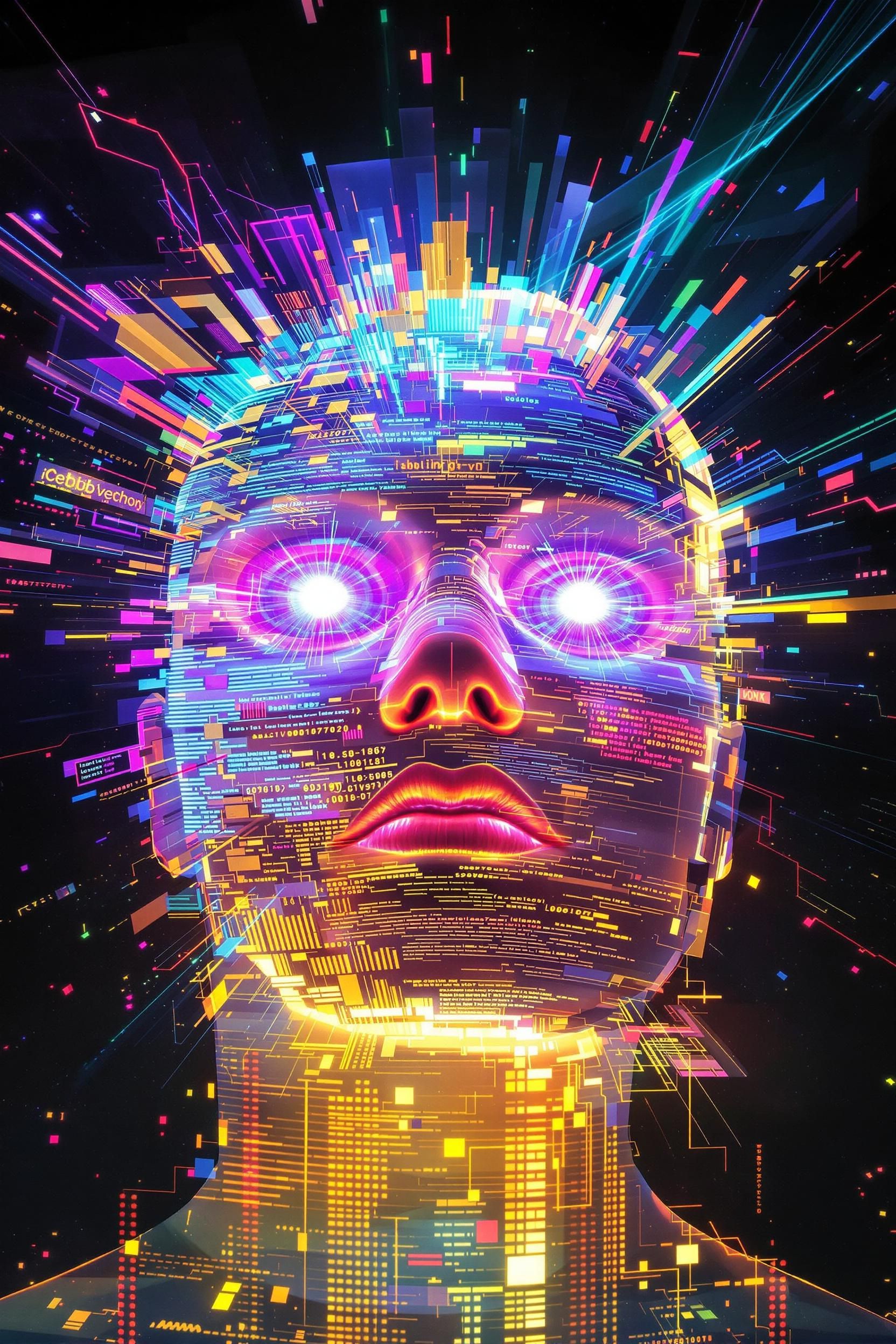 Nome do produto  Boné Americano Com TelaAvatar etéreo em estilo glitchcore, luzes de néon fantasmagóricas, rosto digital transparente, estática colorida e fragmentada, energia espectral futurista, névoa holográfica vibrante