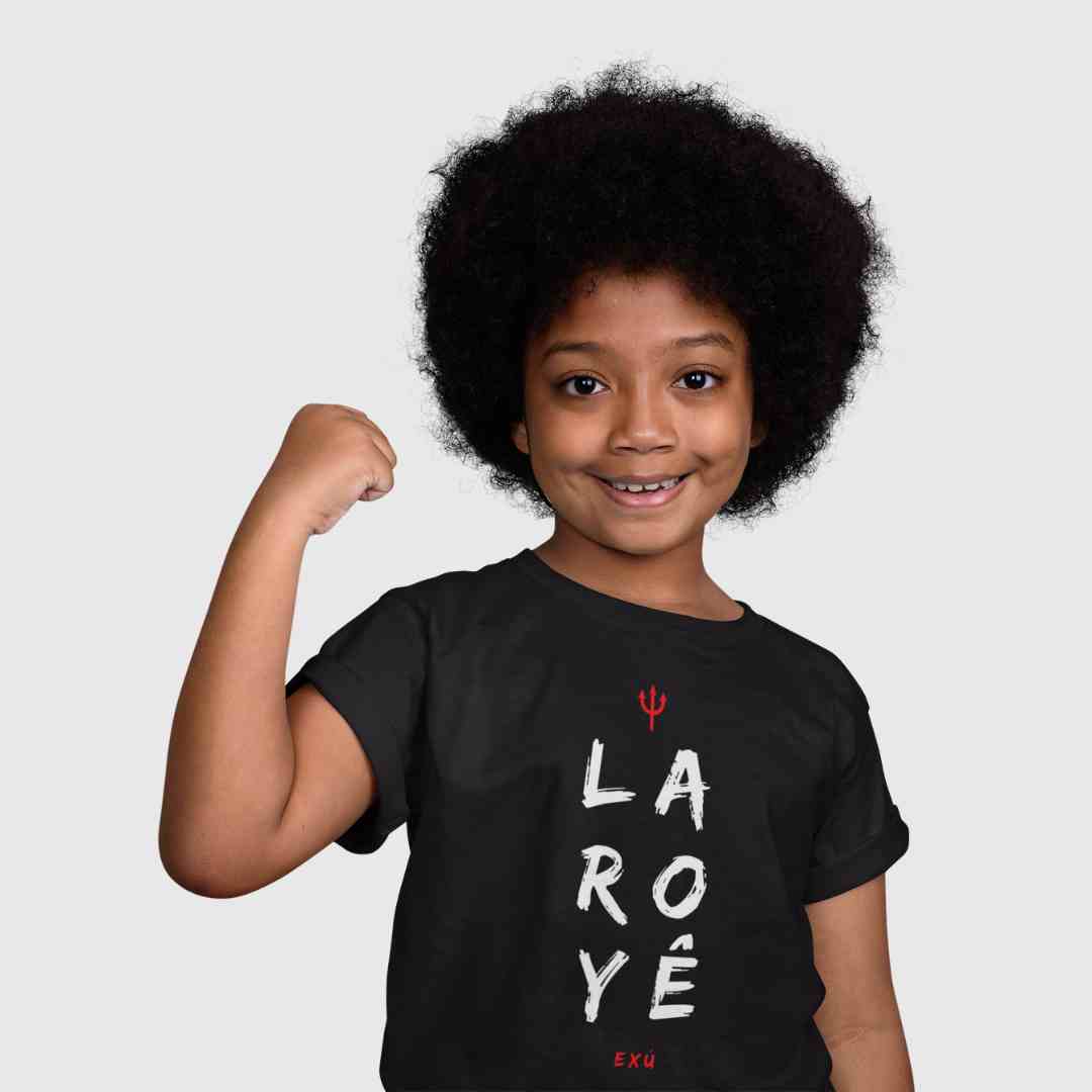 Camiseta Exu Saudação Laroyê Exu Infantil 100% Algodão Fio 30.1, 165g com costura reforçada de alta qualidade