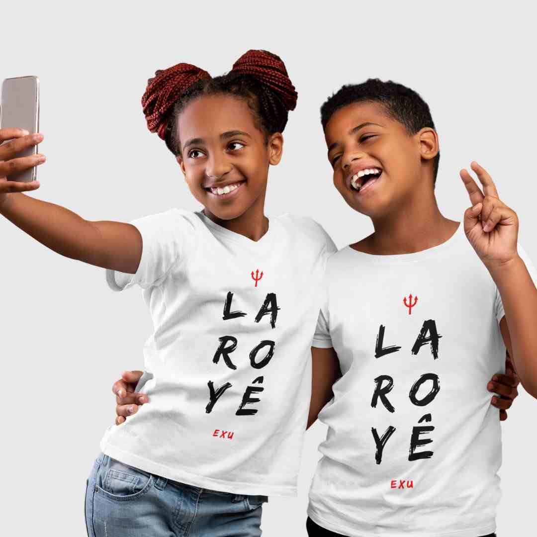 Camiseta Exu Saudação Laroyê Infantil 100% Algodão Fio 30.1, 165g com costura reforçada e gola ribana de alta qualidade
