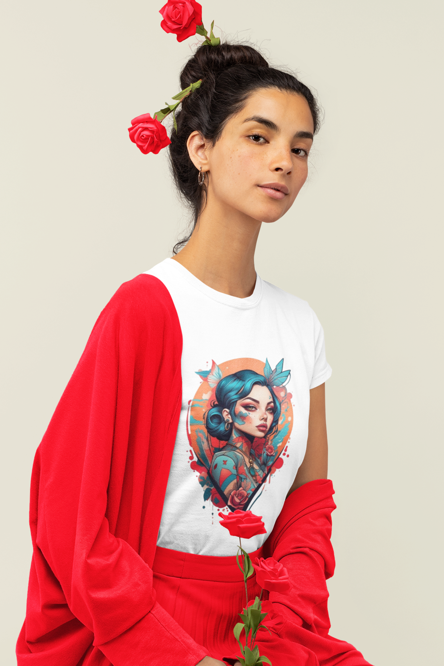 Camiseta Feminina Estampa Mulher com Flores 