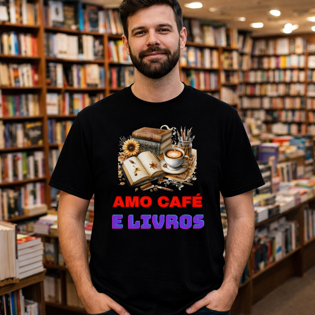 Camiseta  Amo Café e Livros